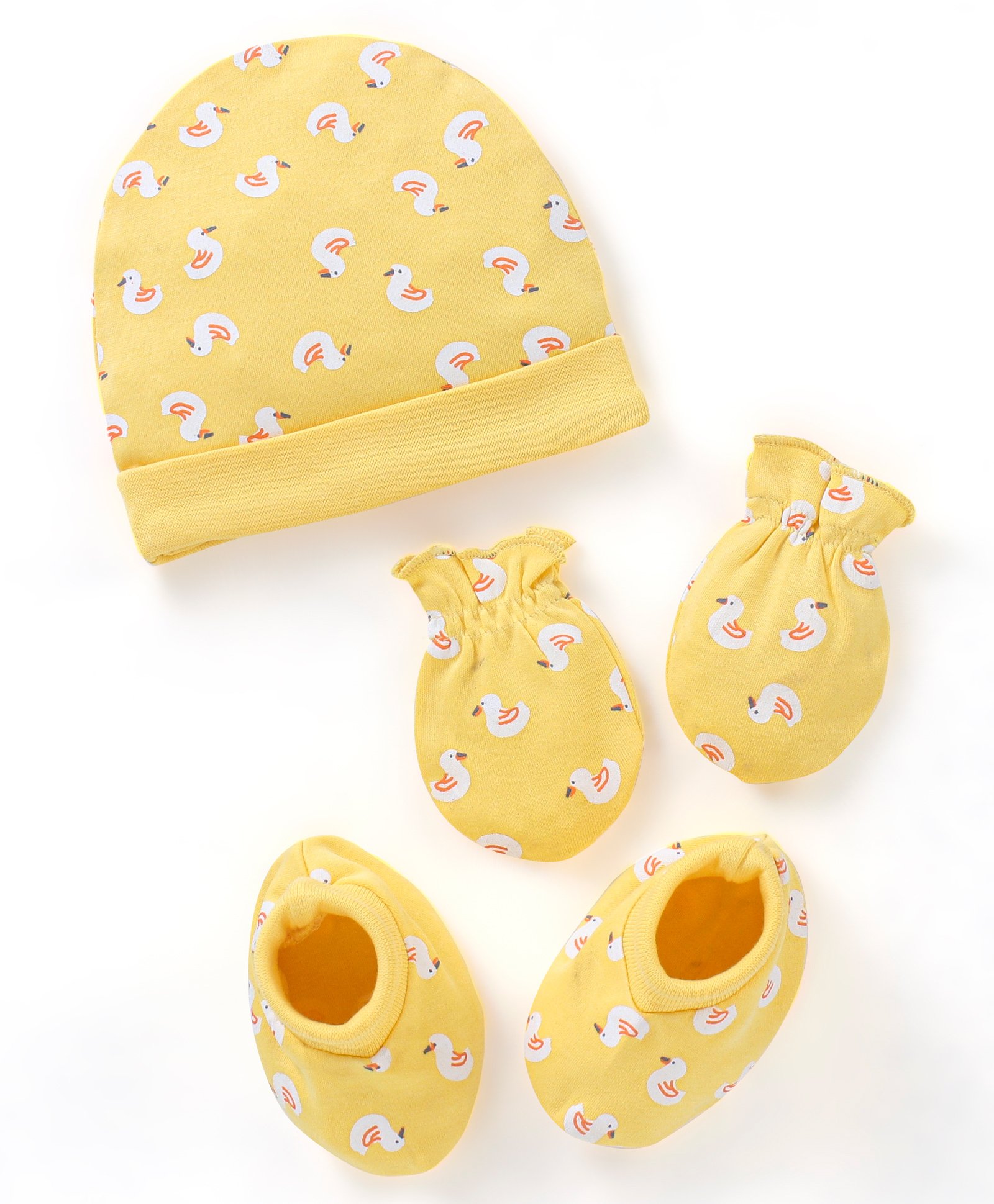 Babyhug 100% Cotton Duck Print Cap Mittens & Booties Set - Yellow-image-45