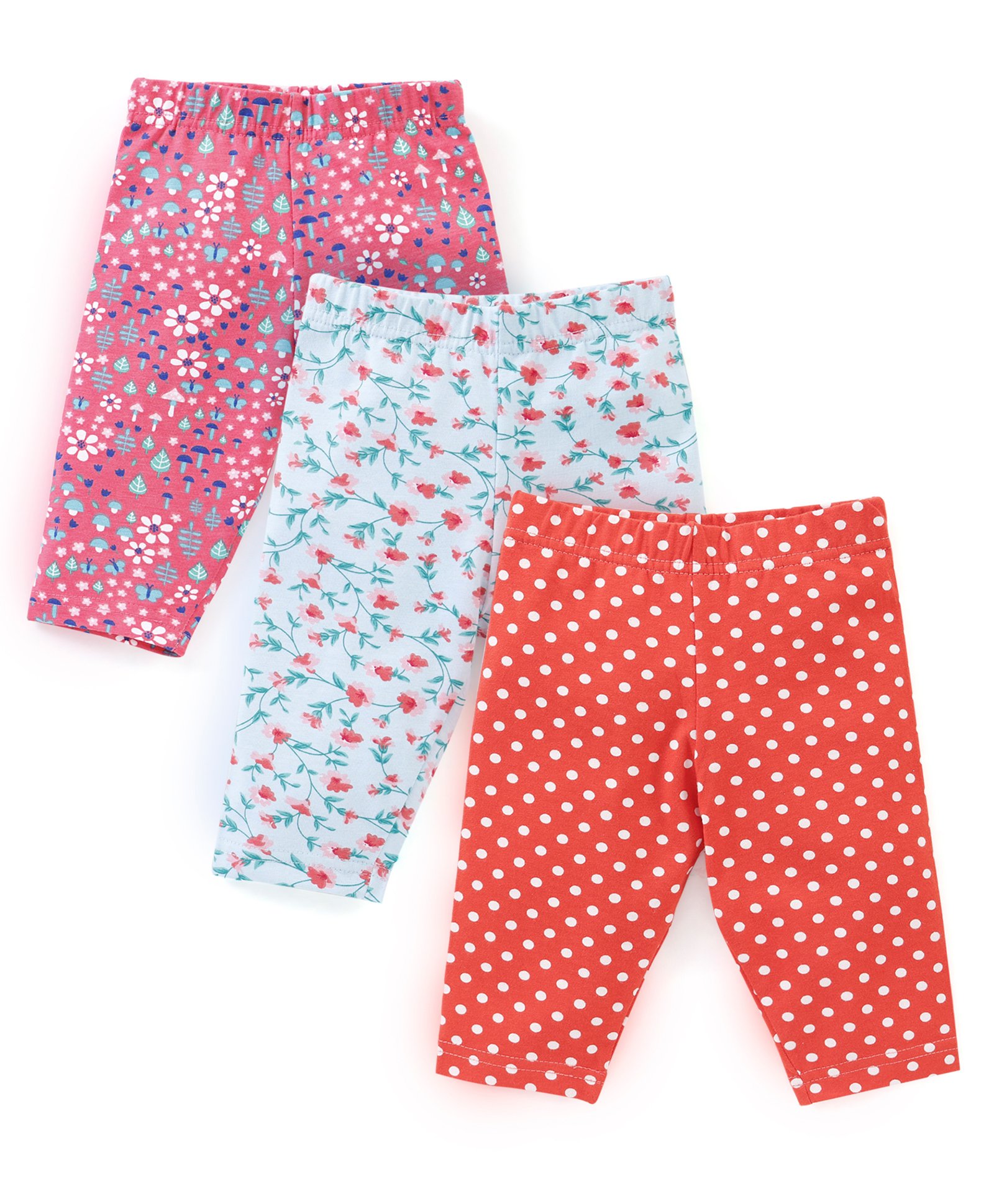 Babyhug Cotton Lycra Three Fourth Leggings Dot & Star Print Pack of 3 - Red  Pink & Light Green-image-25