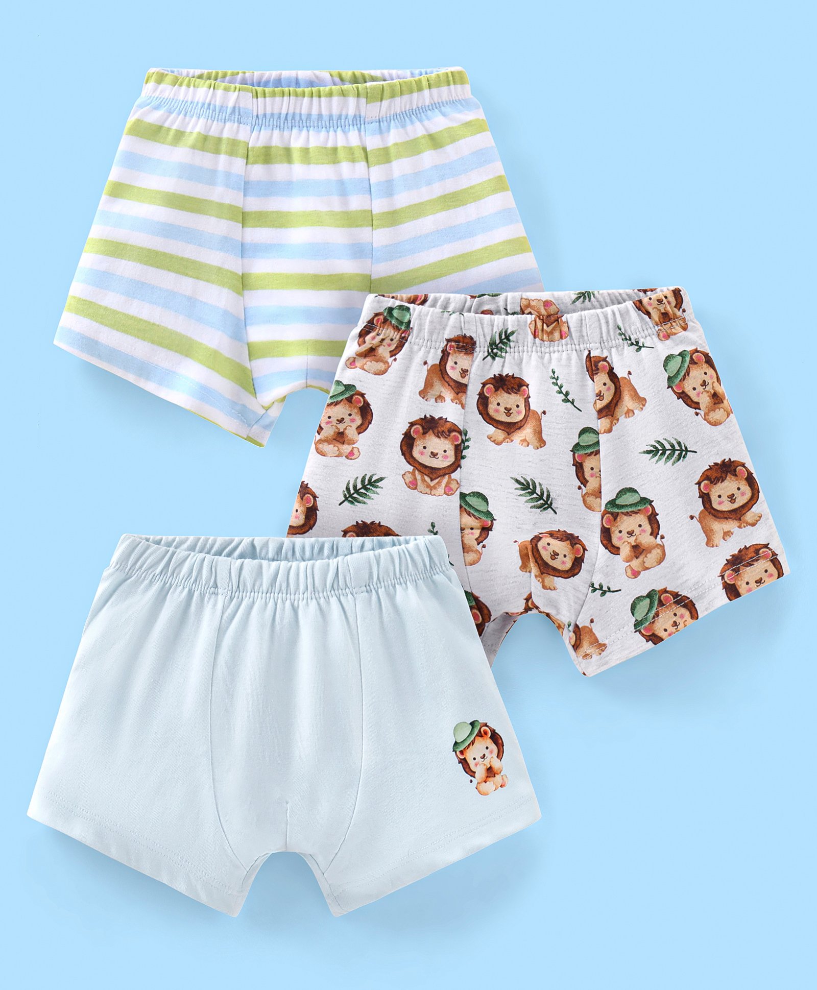 Babyhug 100% Cotton Briefs Stripes & Lion Print Pack of 3 - Blue Grey & Green-image-19