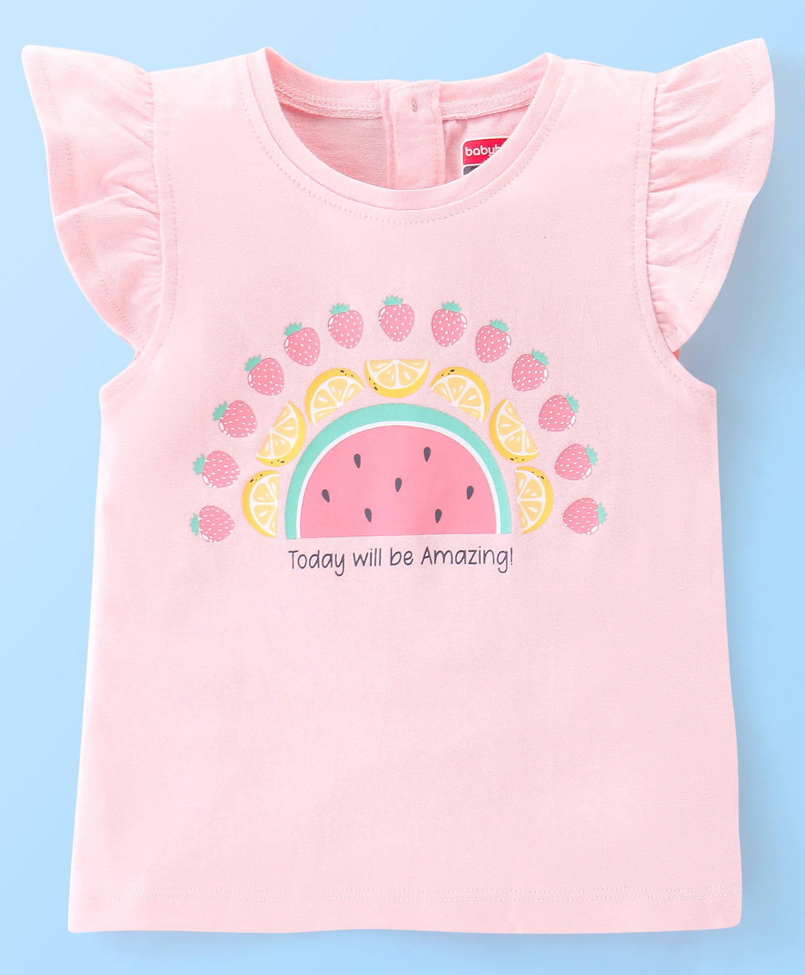Babyhug 100% Cotton Half Sleeves Tee With Fruit Graphics & Frill Detailing- Peach-image-3