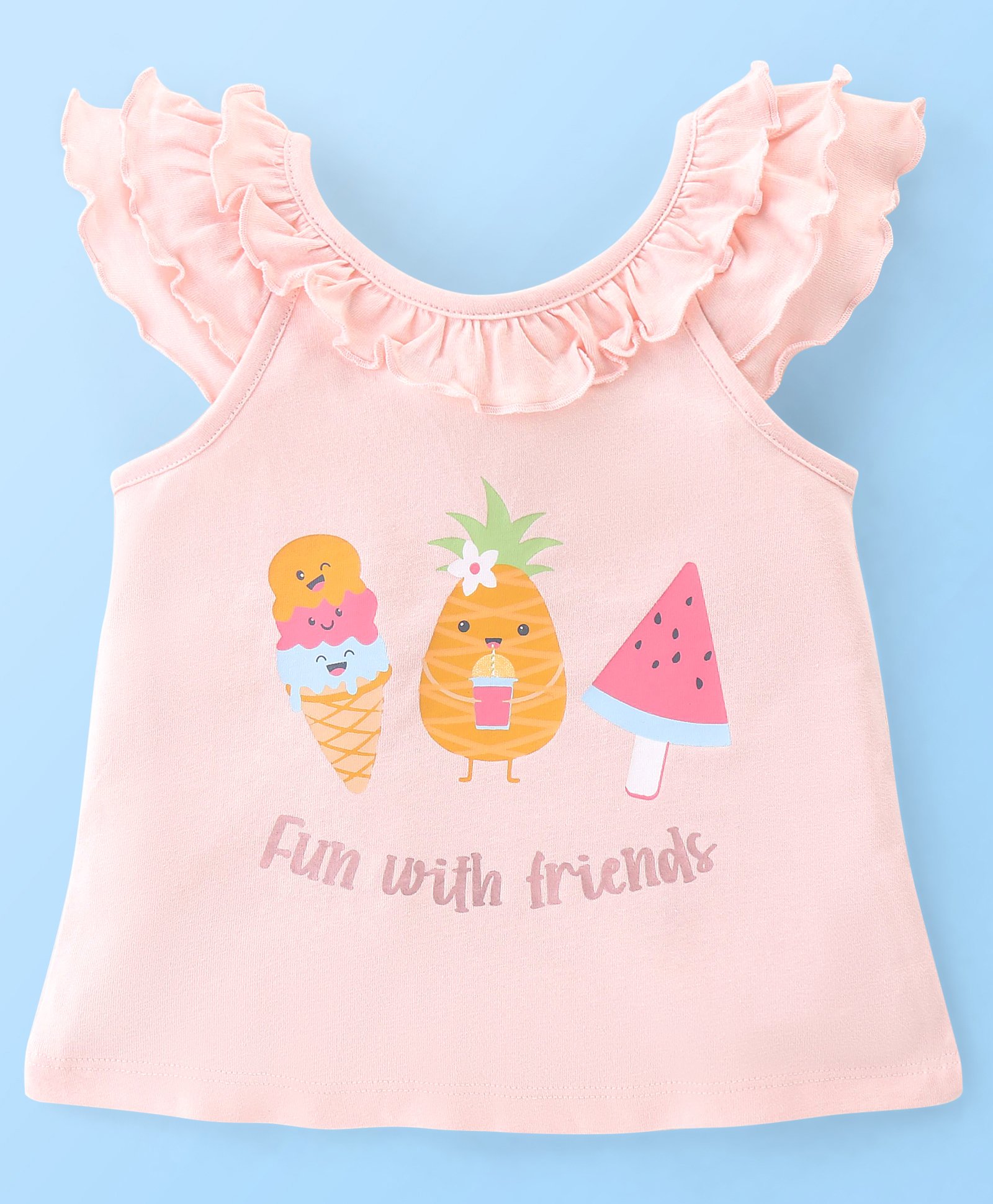 Babyhug Cotton Sleeveless Tee With HD Graphics & Frill Detailing- Pink-image-44