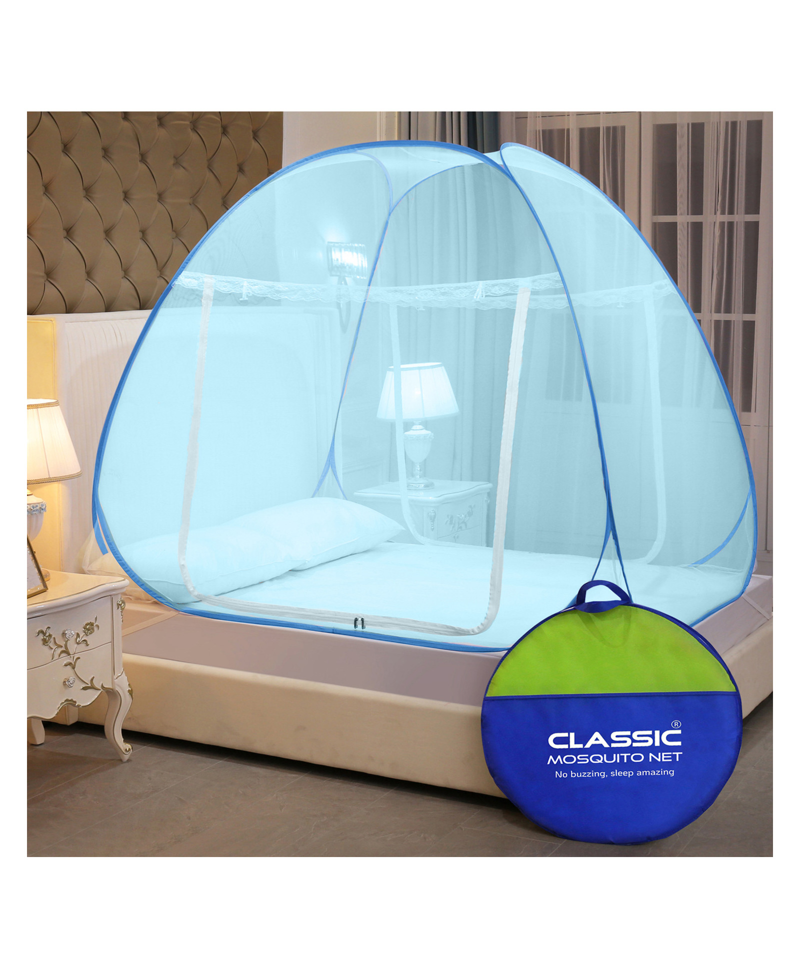 Classic Mosquito Net for Double Bed  Queen Size Foldable Machardani Polyester 30GSM Strong Net PVC Coated Corrosion Resistant Steel Wire Full- Blue-image-20