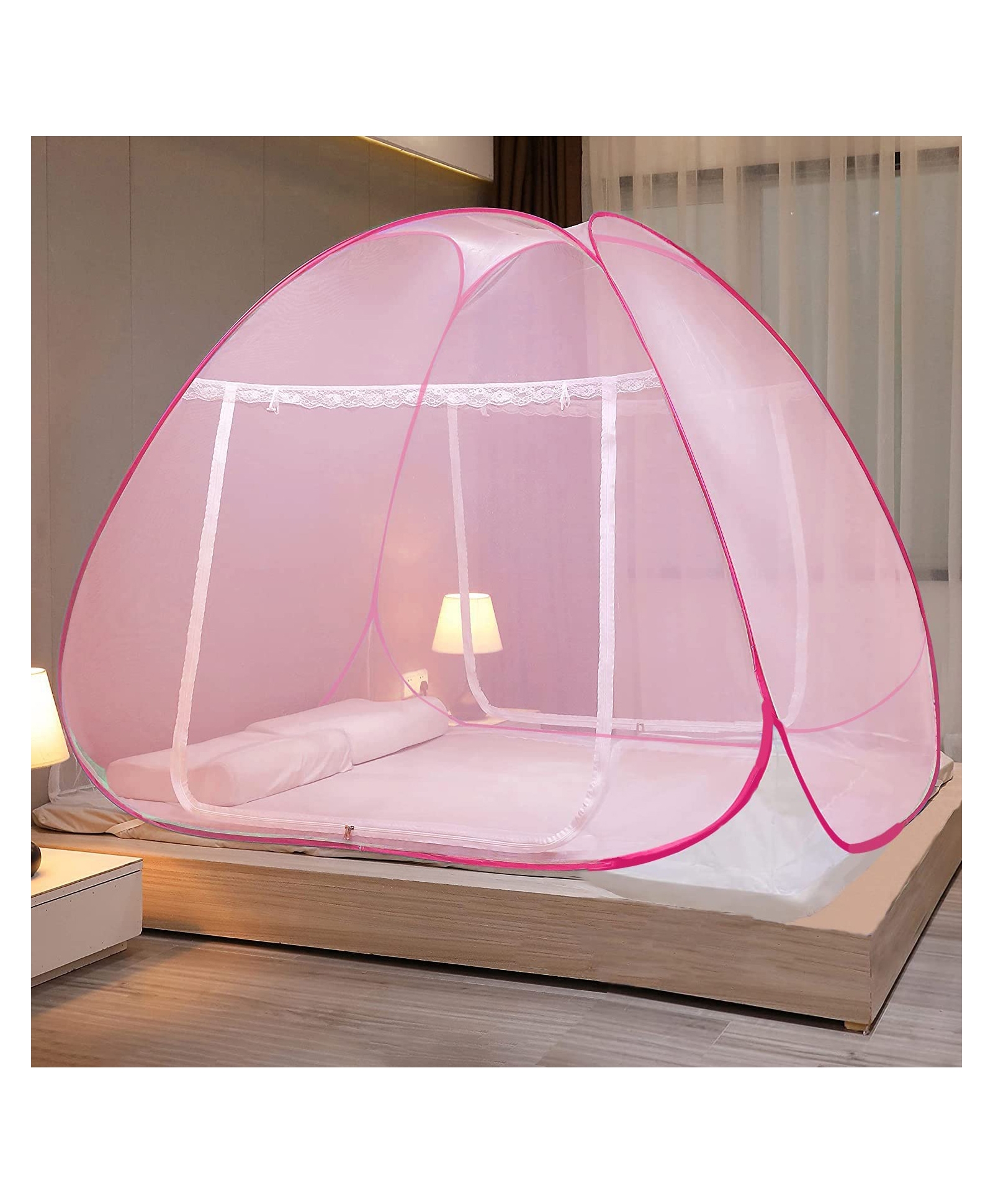 Evafly Mosquito Net for Double Bed King Size Foldable Machardani 30GSM Strong Net PVC Coated Corrosion Resistant Steel Wire Full- Pink-image-3
