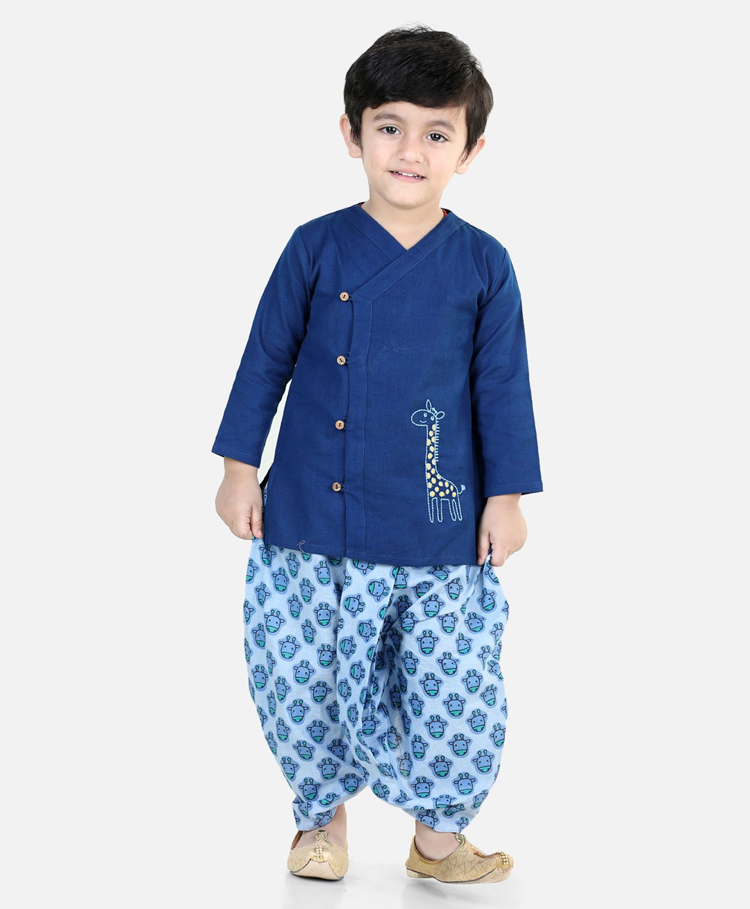 Bownbee 100% Cotton Full Sleeves Indo Western Giraffe Printed Kurta Dhoti Set - Blue-image-45