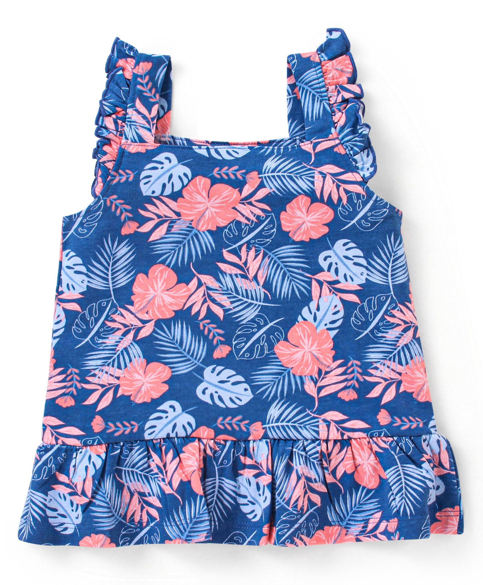 Babyhug 100% Cotton Knit Sleeveless Top With Frill Detailing Tropical Print- Navy Blue-image-47