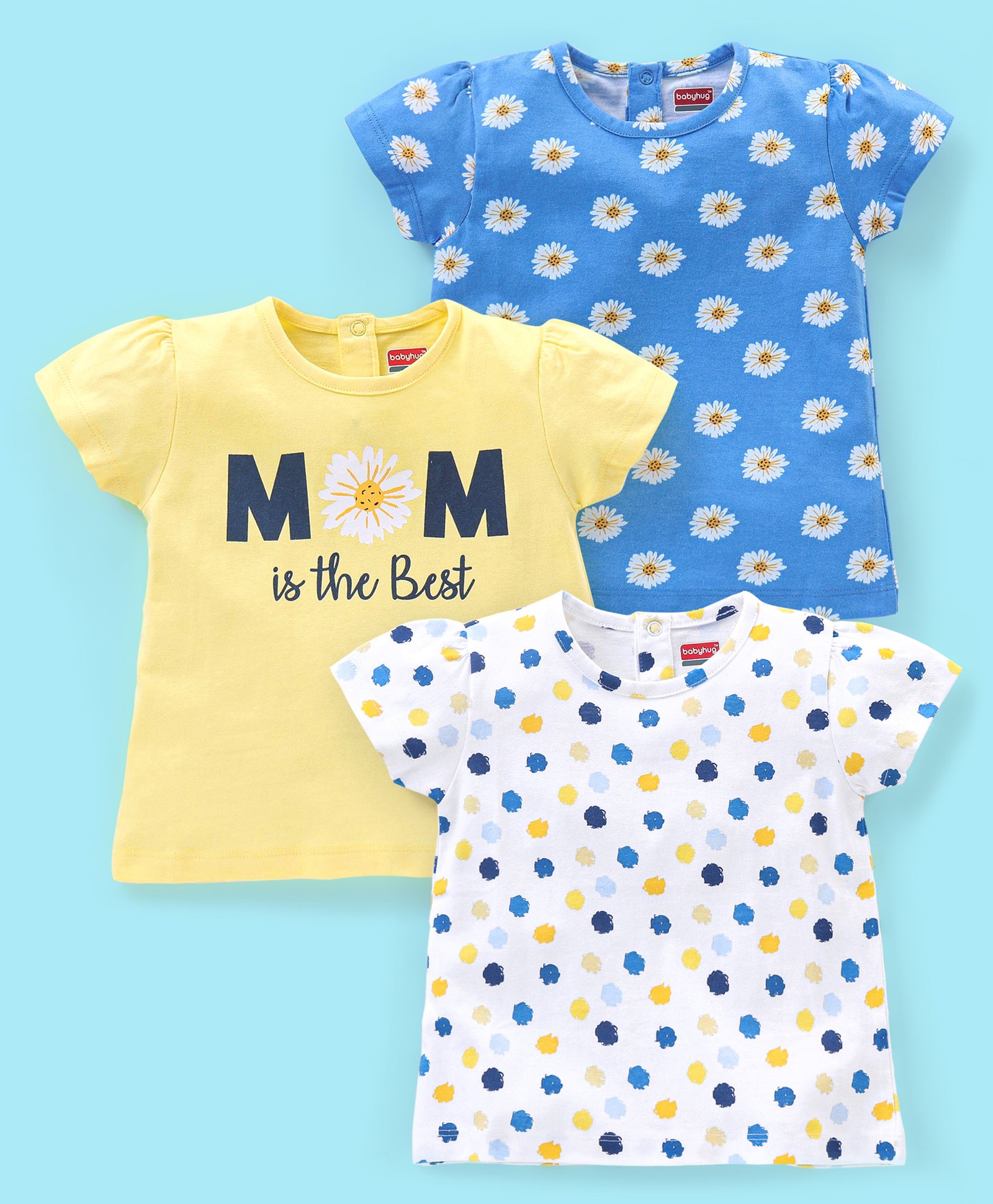 Babyhug 100% Cotton Knit Cap Sleeves T-Shirts Floral & Polka Dots Print Pack of 3 - White Blue & Yellow-image-39
