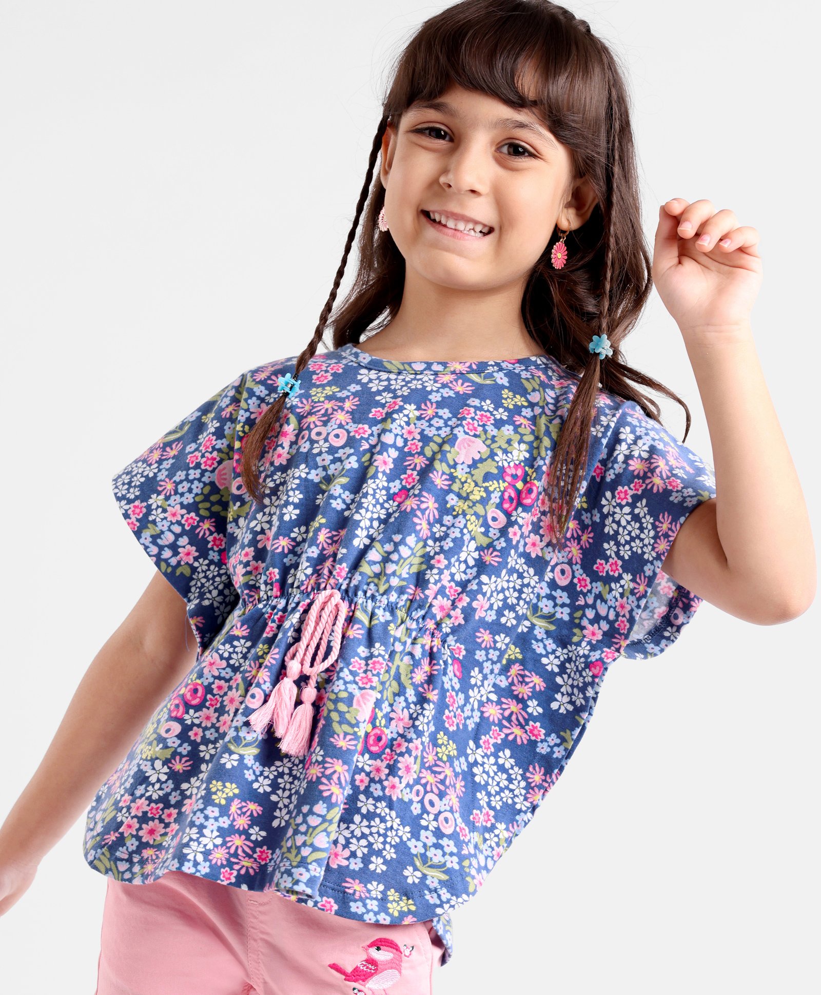 Babyhug 100% Cotton Knit Half Sleeves Kaftan Style Floral Printed Top with Tassel Detailing - Blue-image-16