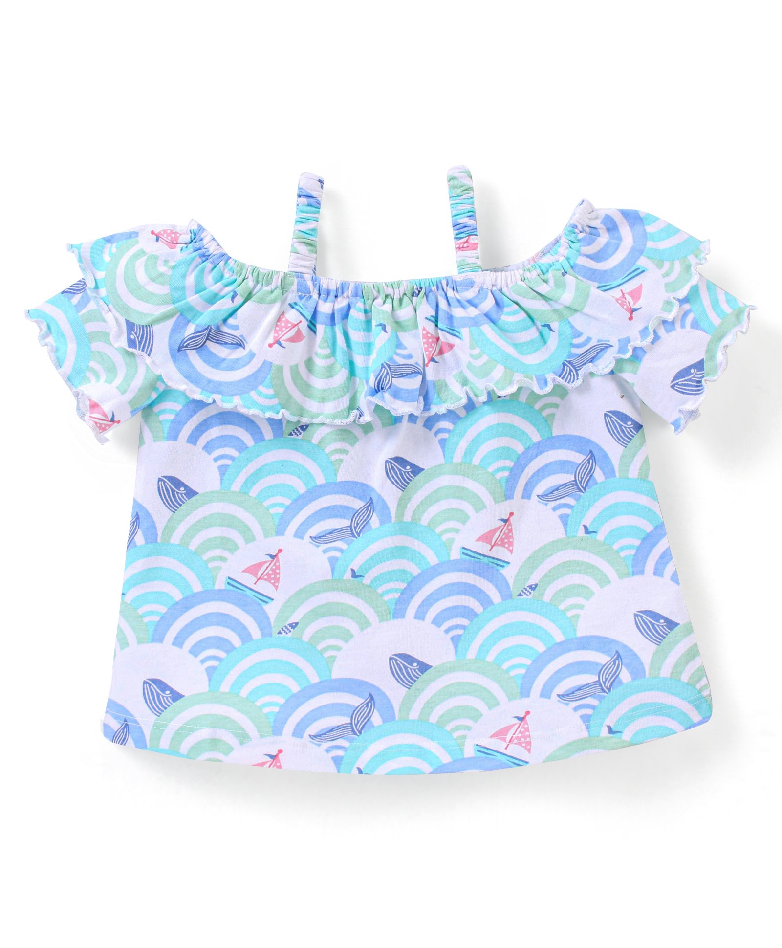Babyhug 100% Cotton Knit Off Shoulder Sleeves Top With Frill Detailing Sea Waves Print- White & Blue-picture-12