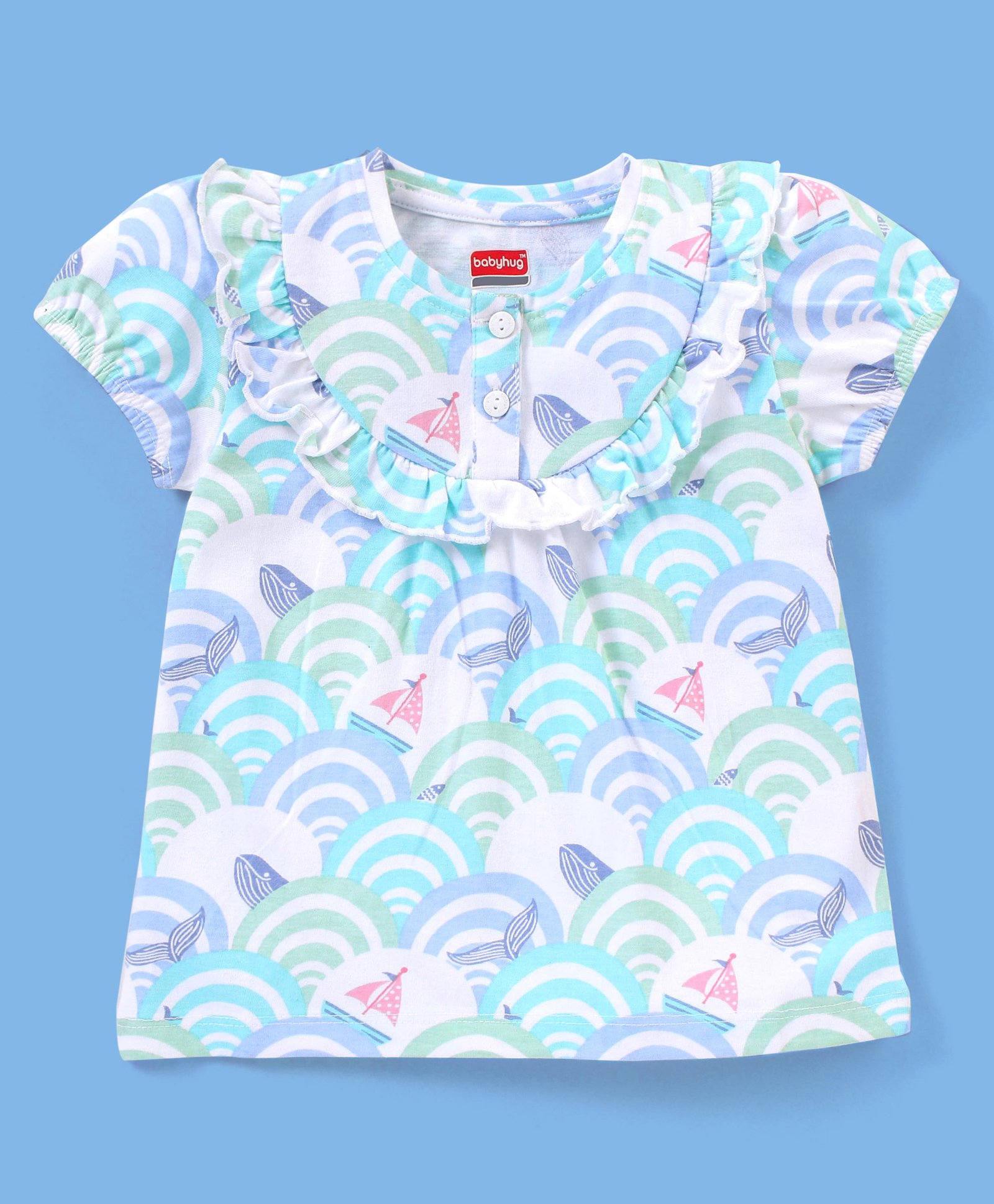Babyhug 100% Cotton Knit Puffed Sleeves Tee With Frill Detailing Sea Waves Print- White-image-16