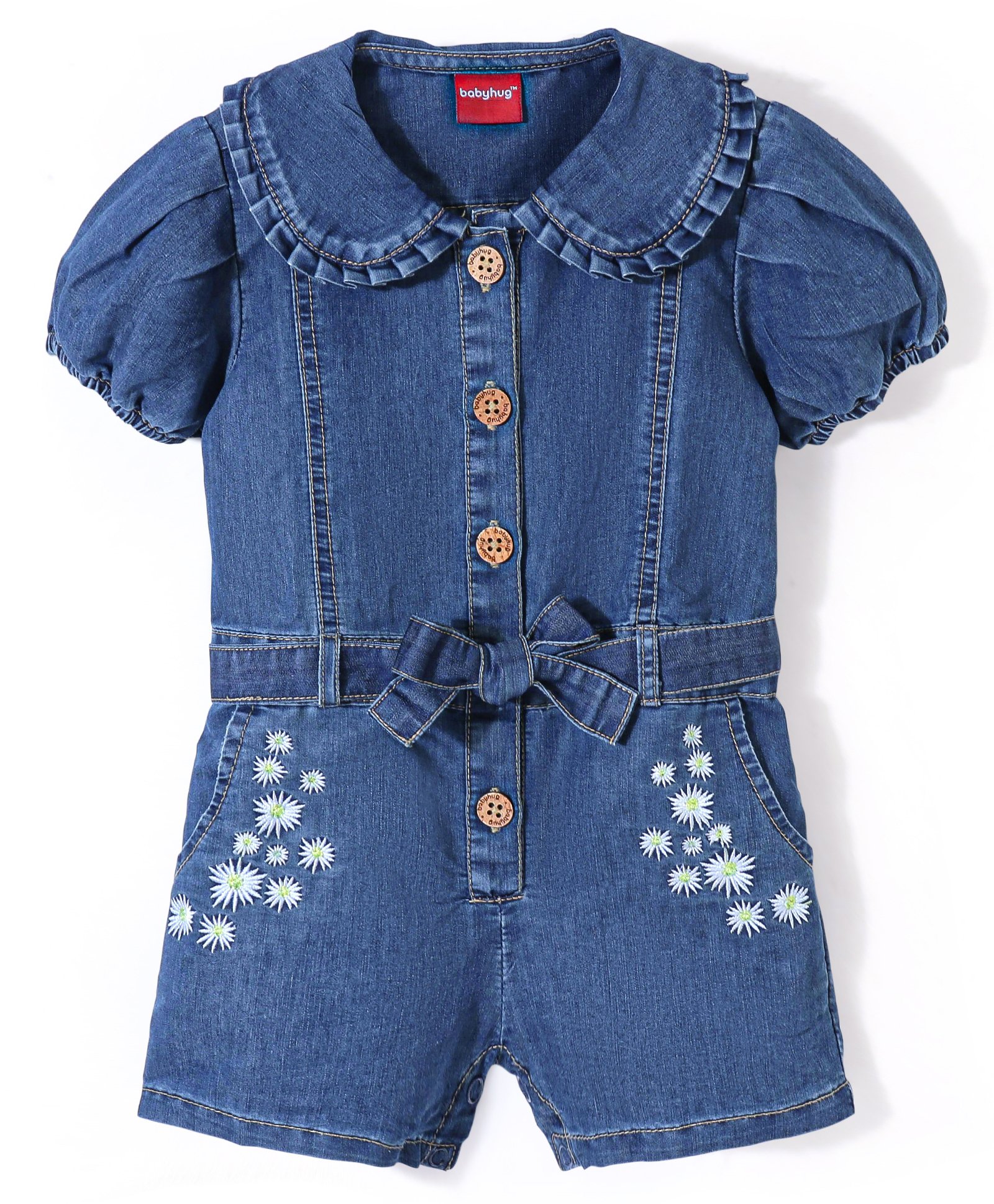 Babyhug Cotton Woven Half Sleeves Washed Denim Jumpsuit Floral Embroidery - Blue-picture-11