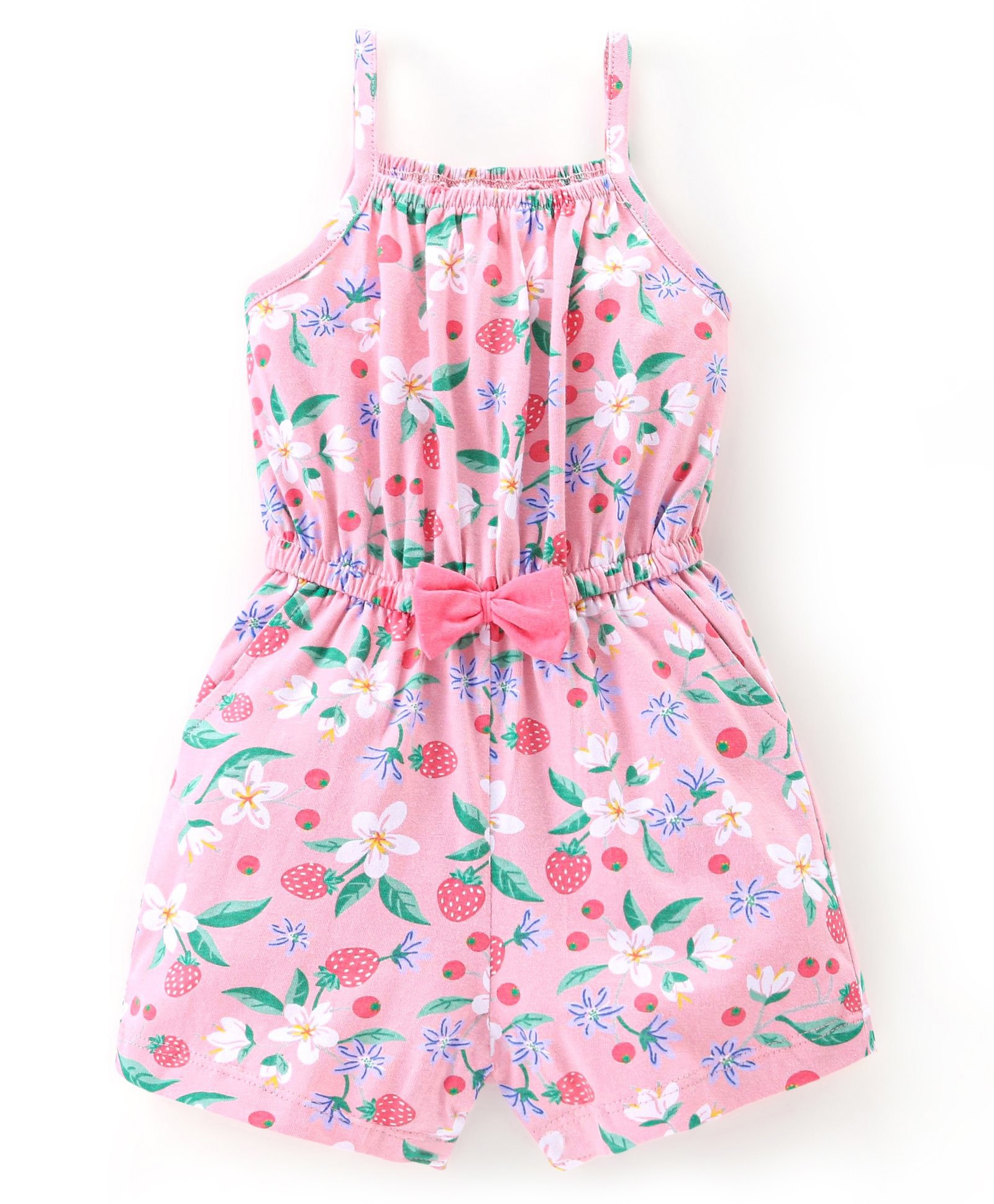 Babyhug 100% Cotton Knitted Singlet Sleeves Jumpsuit Floral Print- Pink-picture-20