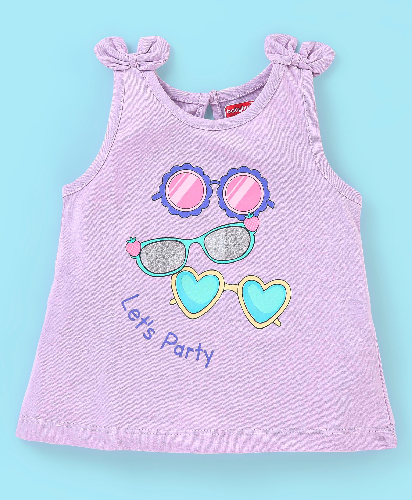 Babyhug 100% Cotton Knit Sleeveless T-Shirt with Bow Appliques Goggles Print - Light Purple-image-26