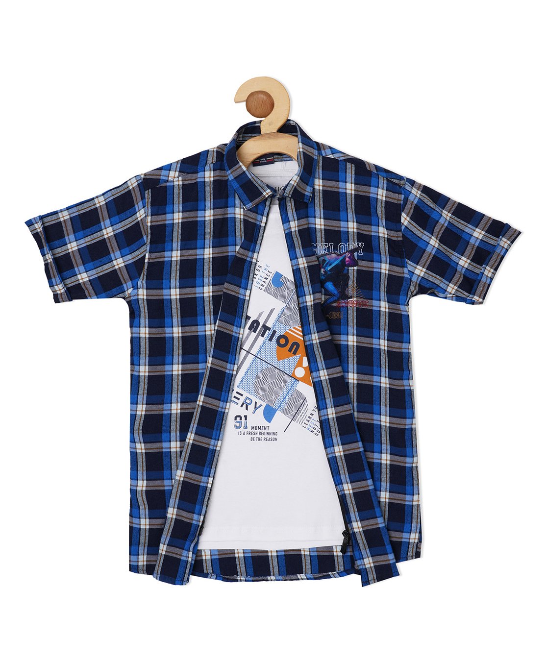 CAVIO Full Sleeves Checkered & Embroidered Shirt With Your Limitation Abstract Printed Tee - Royal Blue & White-image-0