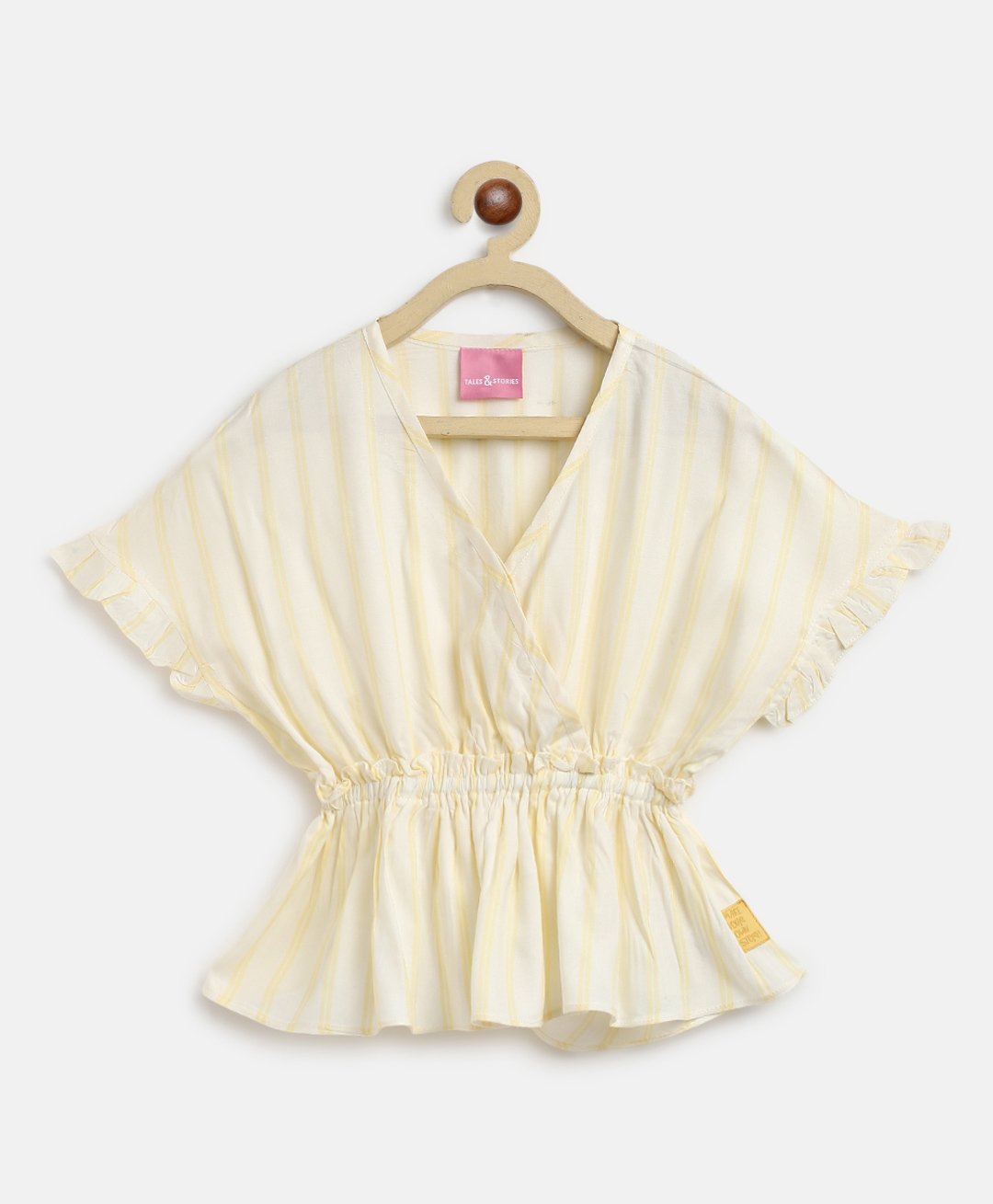 Tales & Stories Three Fourth Sleeves Striped Over Lap Styled Peplum Top - Cream-image-15