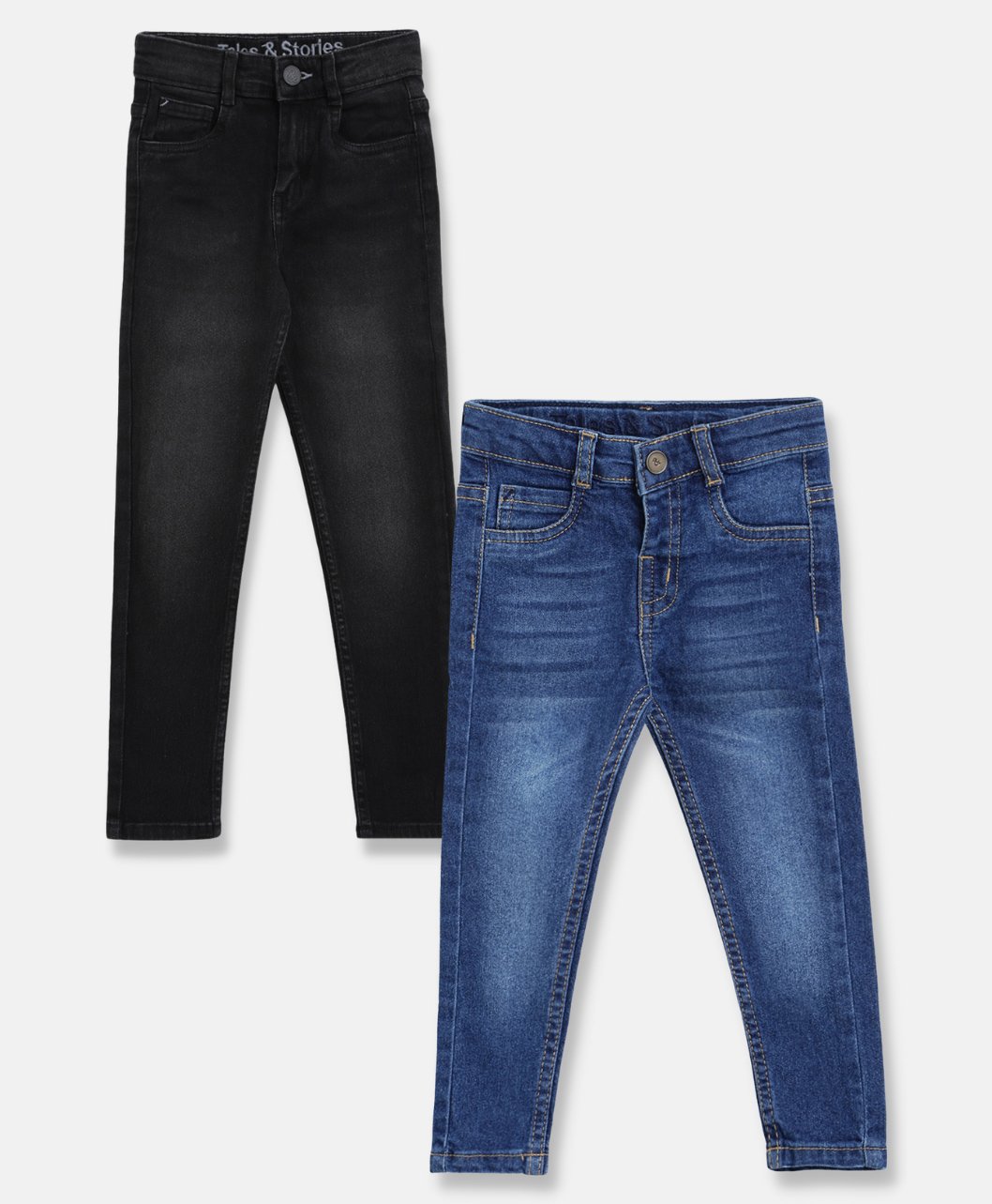Tales & Stories Pack Of 2 Solid & Washed Button Down Jeans - Black & Dark Blue-picture-16