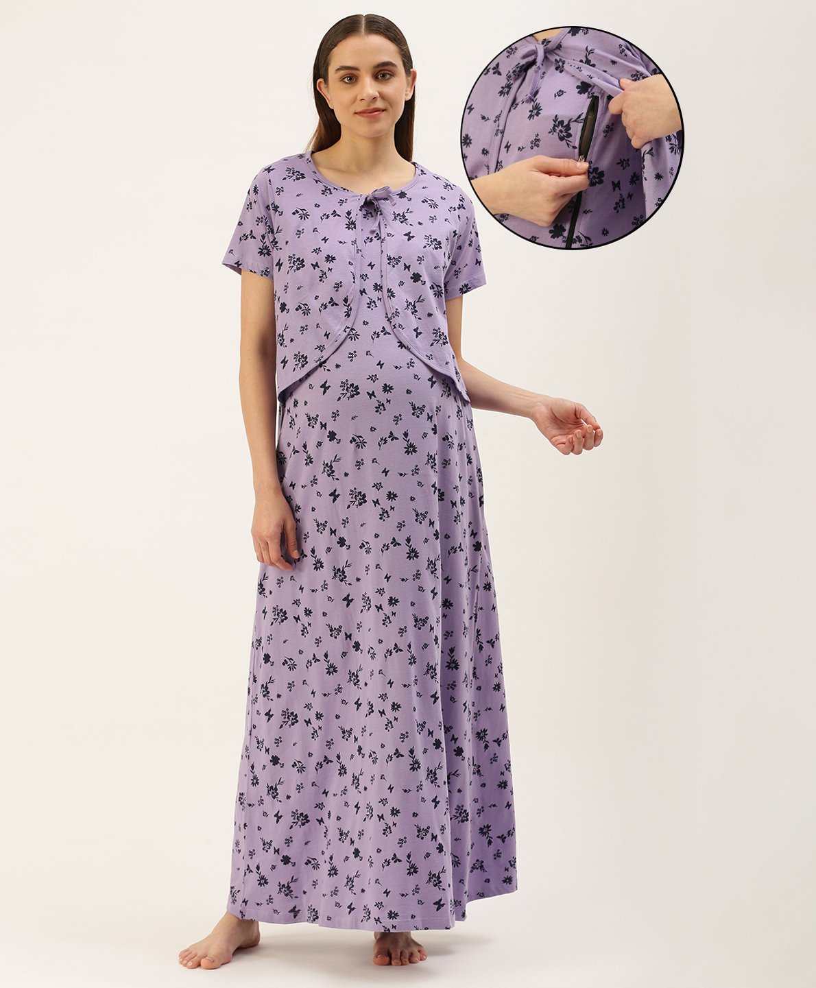 Nejo Pure Cotton Half Sleeves Flower Abstract Printed Maternity & Nursing Night Dress With Concealed Zipper - Lilac-image-23