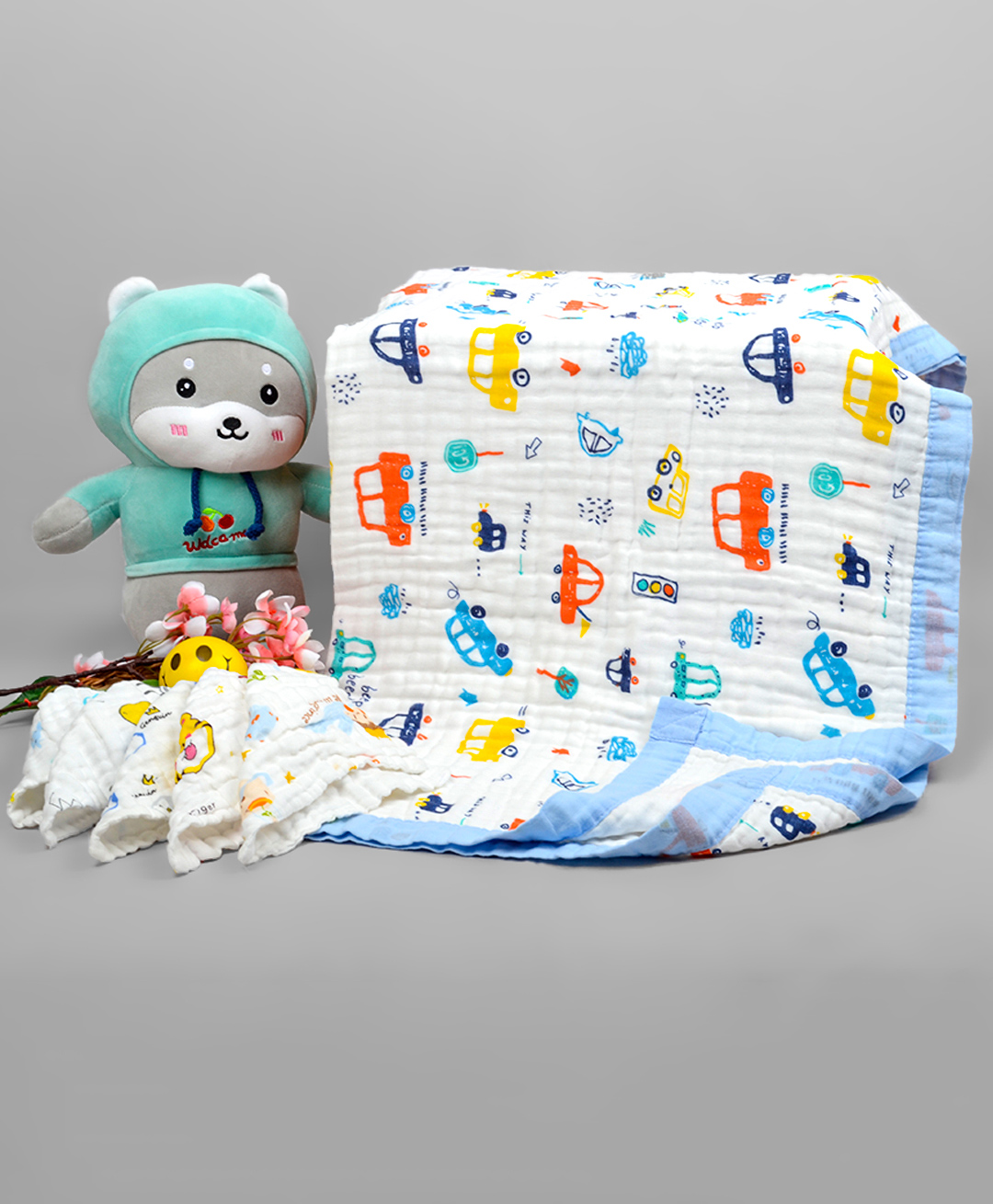 mom's home Moms Home Baby Super Soft Absorbent Muslin 6 Layer 1 Towel Cum Blanket & 5 Napkins Pack of 6- Multicolor-picture-11