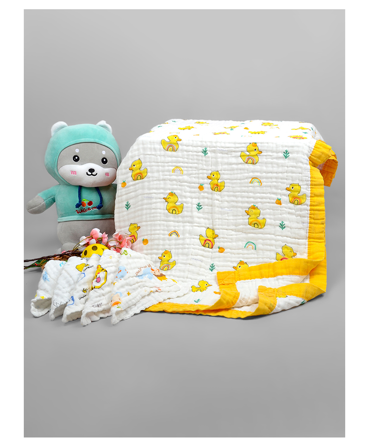 Moms Home Baby Super Soft Absorbent Muslin 6 Layer 1 Towel Cum Blanket & 5 Napkins Pack of 6- Yellow-image-42