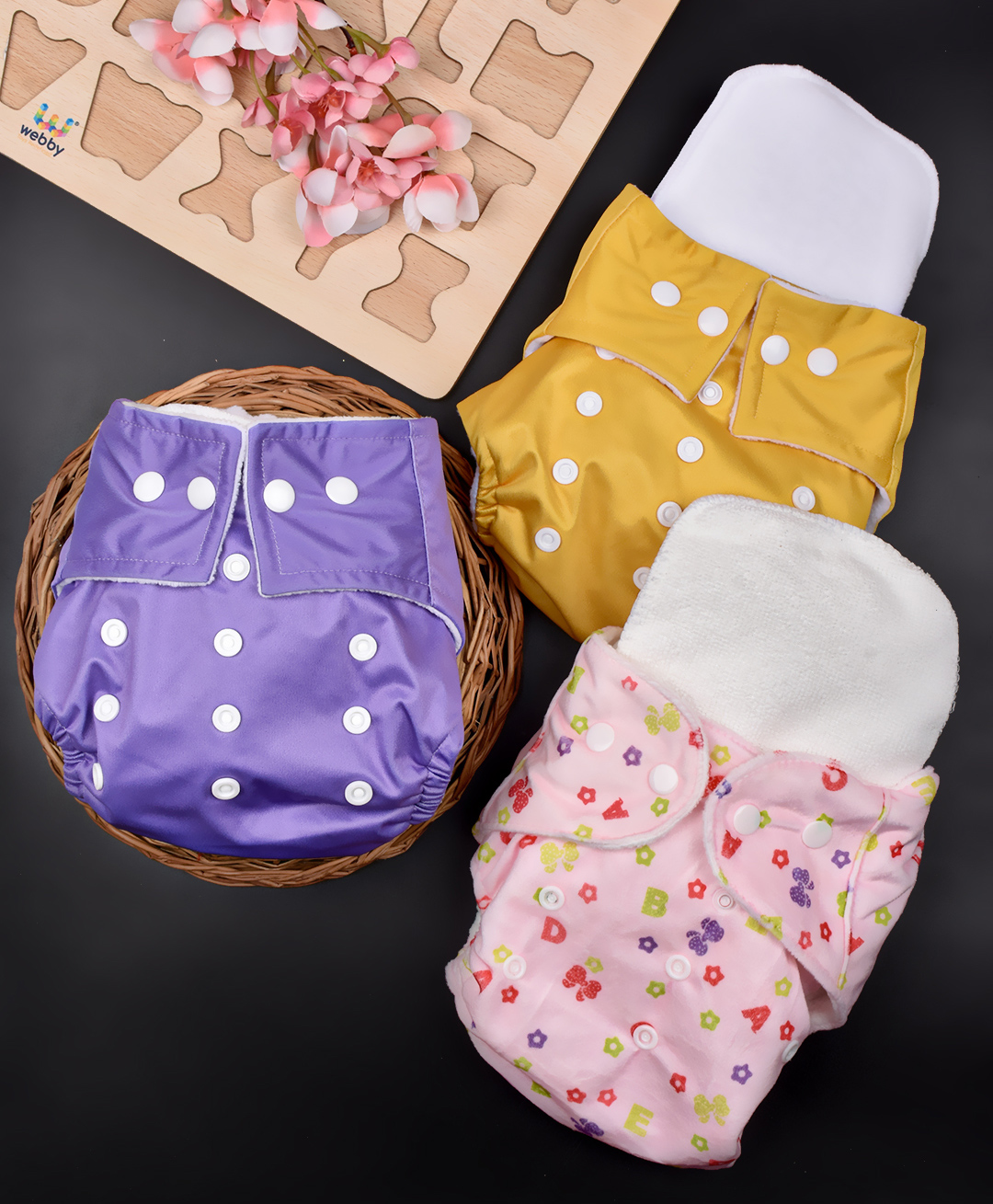 mom's home Moms Home Baby Reusable Poly Cotton Pocket Diapers With 3 Inserts Printed & Solid Pack of 3- Multicolor-picture-27