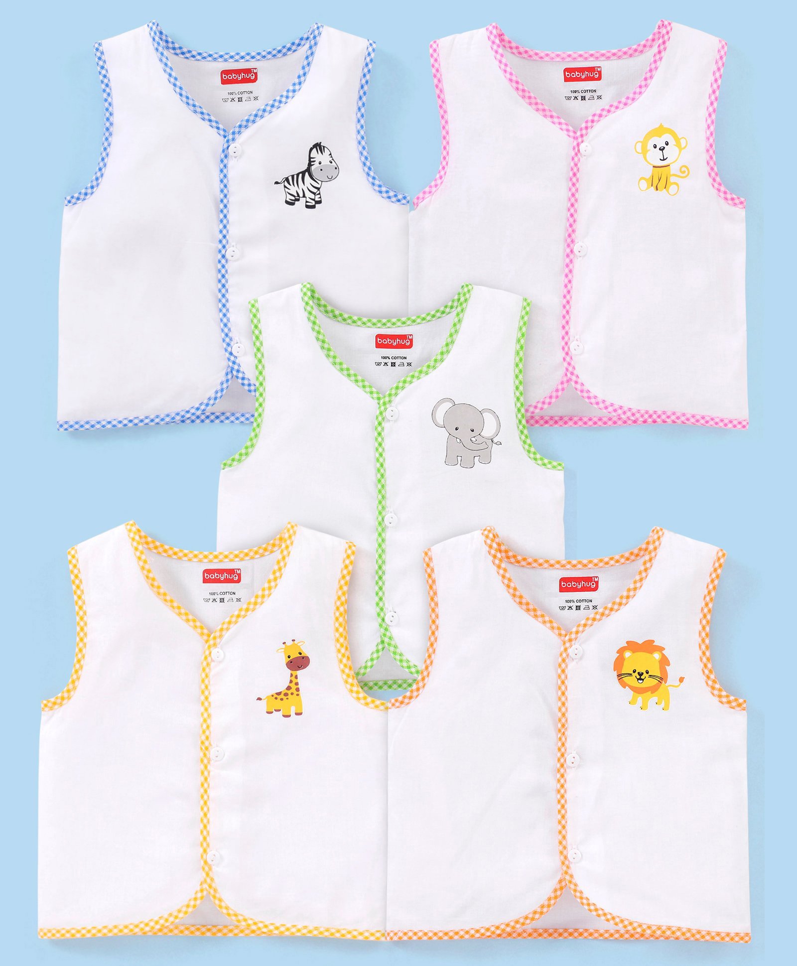Babyhug 100% Cotton Front Open Jhablas Wild Animal Print Pack of 5 - White-picture-26