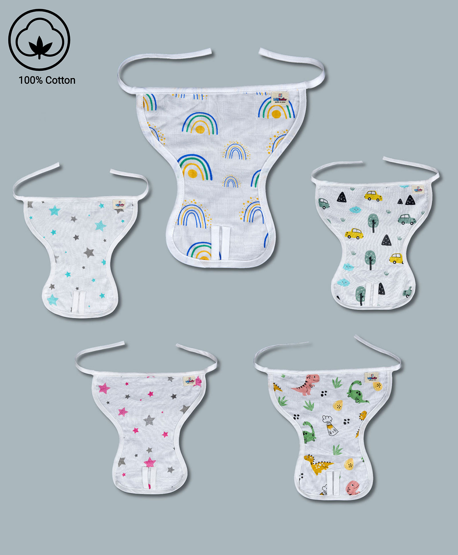 LazyToddler Muslin  Nappy Set of 5 Large Rainbow Print - White-image-47