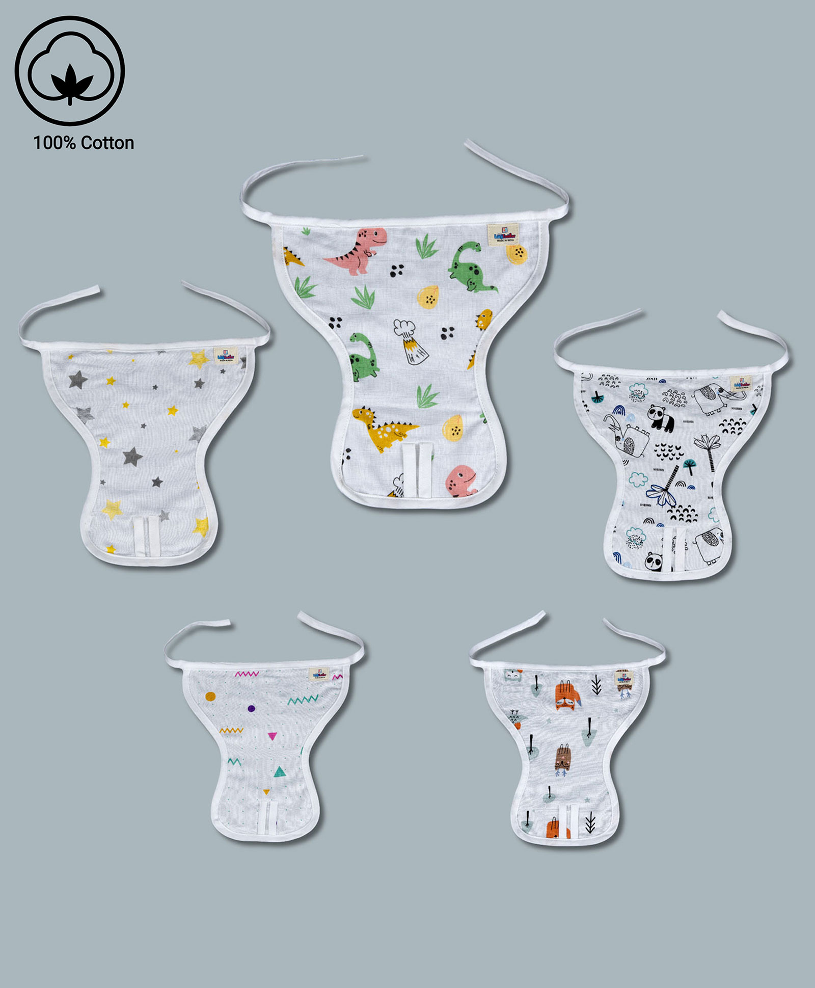 LazyToddler Muslin  Nappy Set of 5 Medium Dino Print - White-picture-22