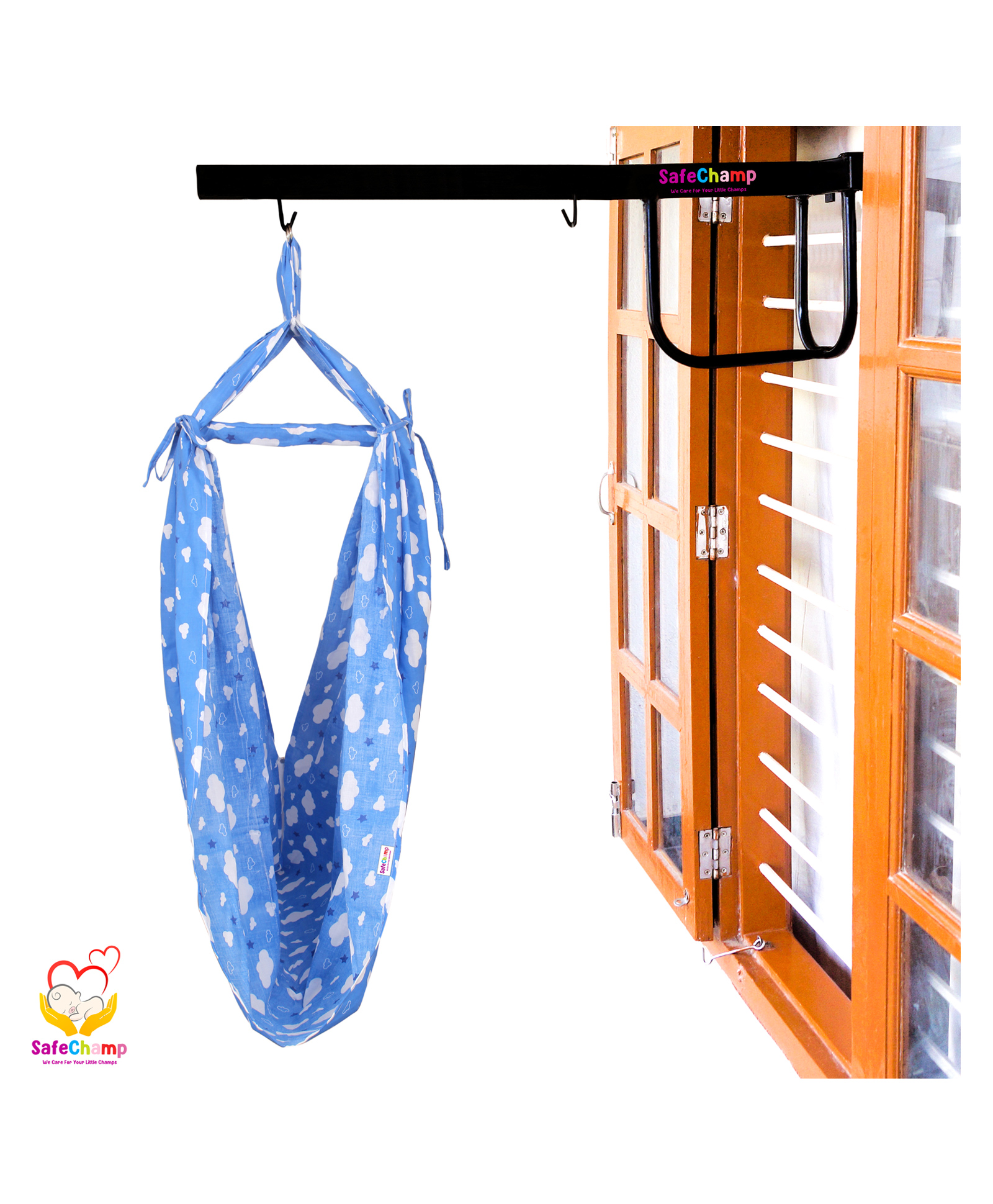 SafeChamp Cloud Baby Cradle Cloth with Seperator And  Metal Window Cradle Hanger - Blue-image-23
