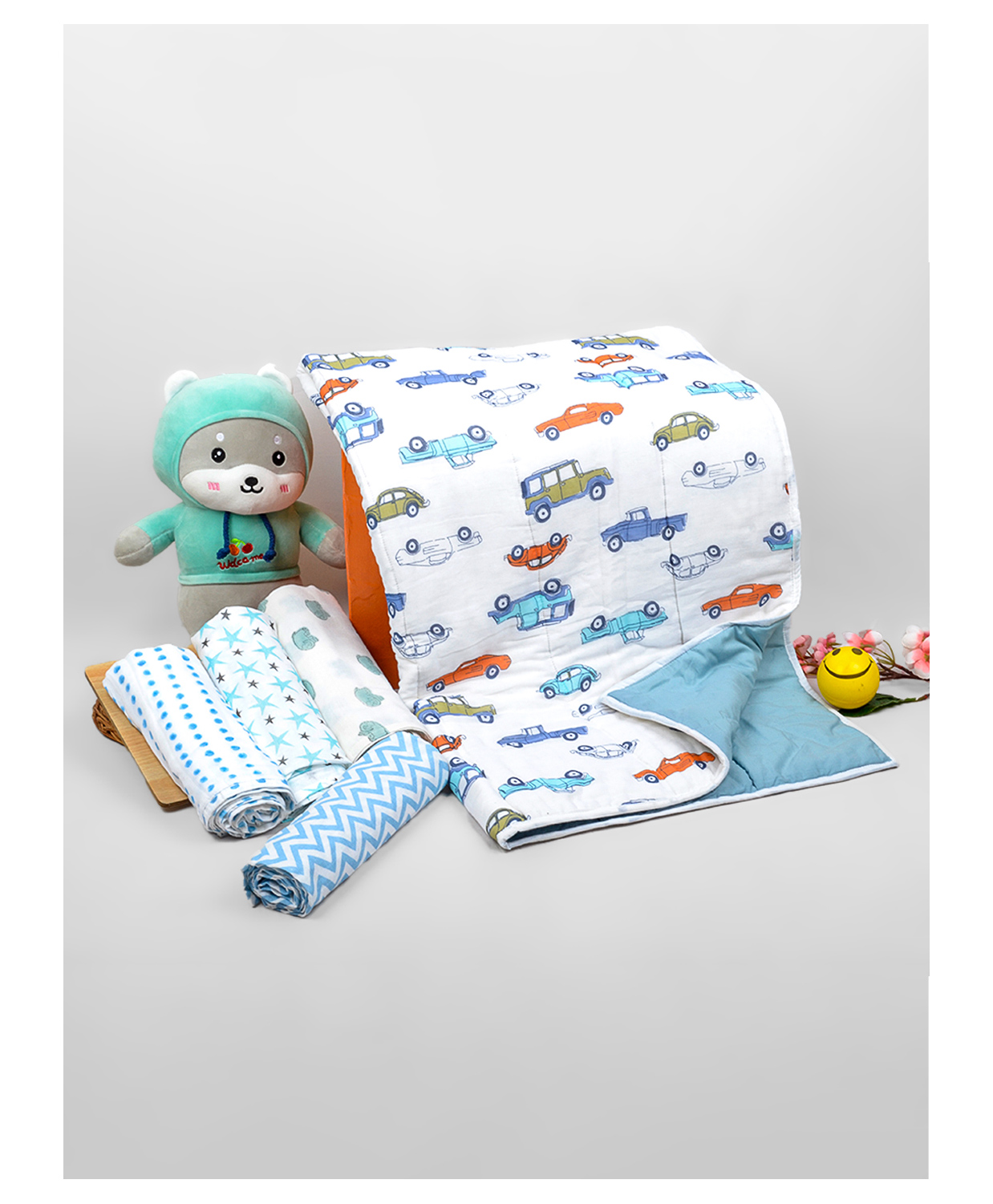 Moms Home Organic Cotton Soft Baby Muslin Swaddle & AC Quilt Pack of 5 - Blue-image-0