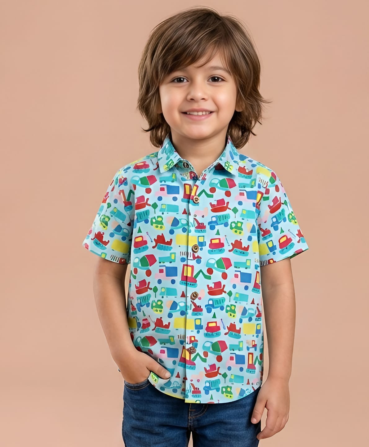 Polka Tots Half Sleeve All Over Vehicles Printed Shirt - Blue-picture-27