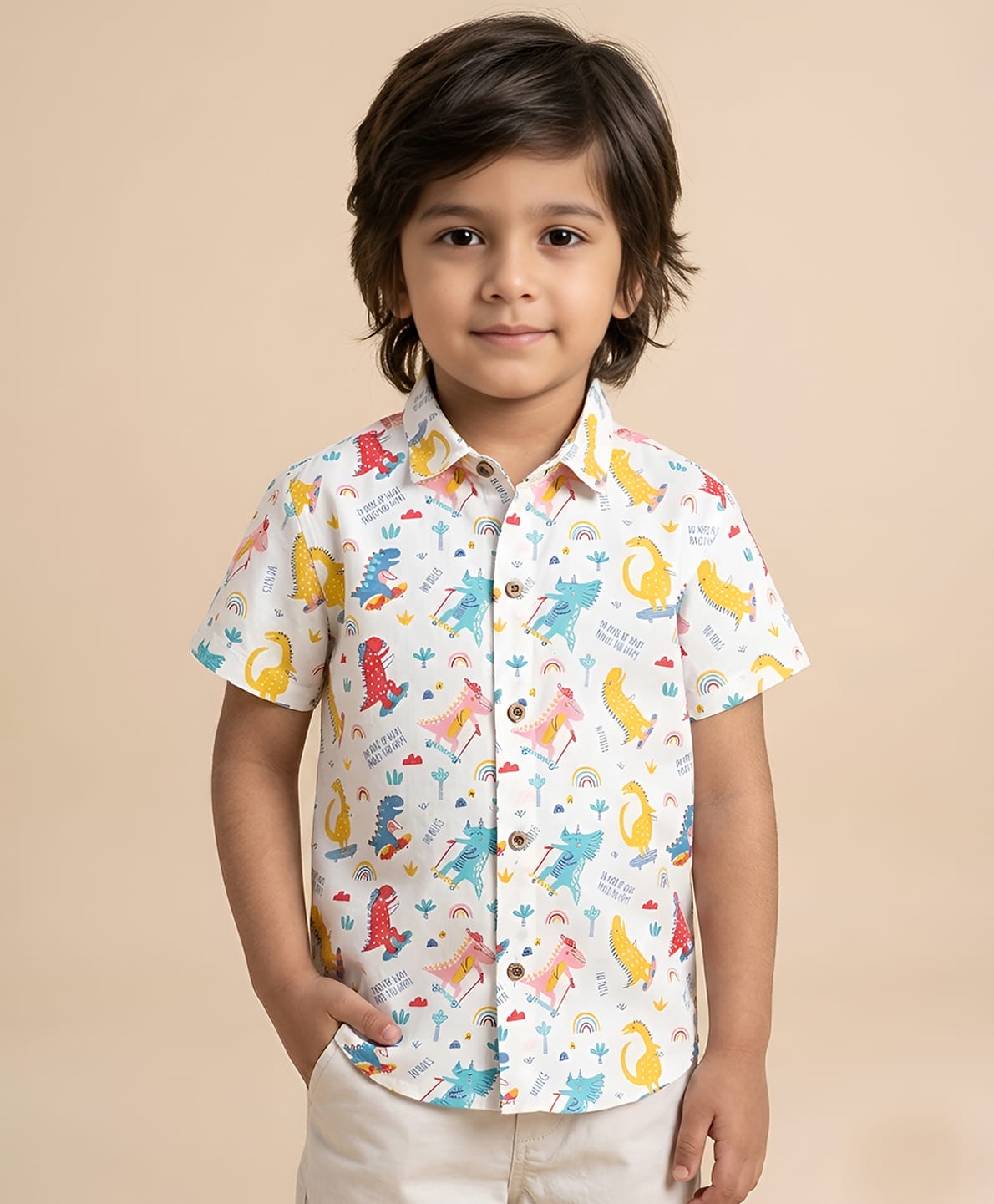 Polka Tots Half Sleeve All Over Dinosaur Theme Printed Shirt  - White & Multi Colour-picture-26