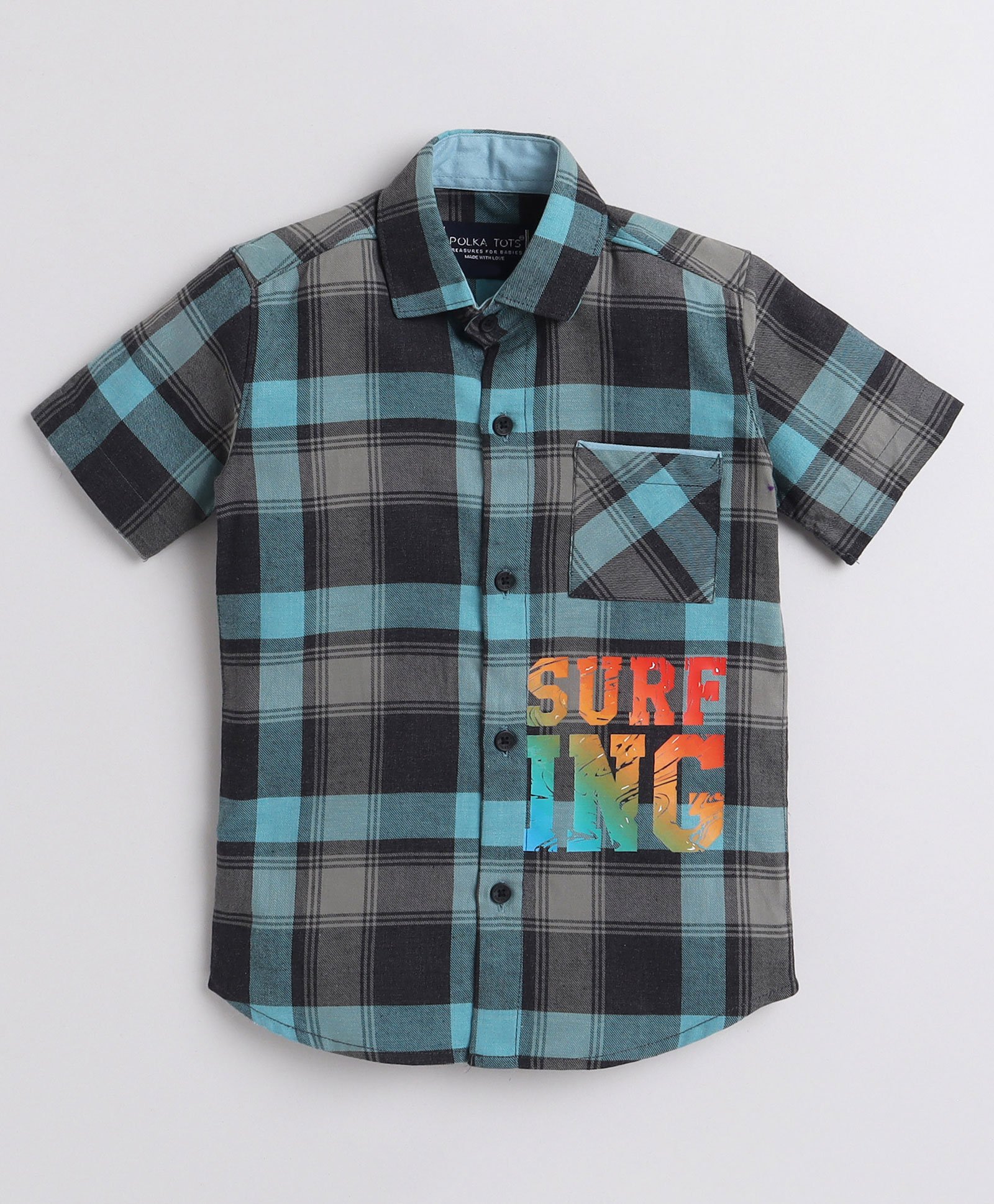 Polka Tots Half Sleeve Tartan Checked & Surfing Placement Printed Shirt - Black-picture-18
