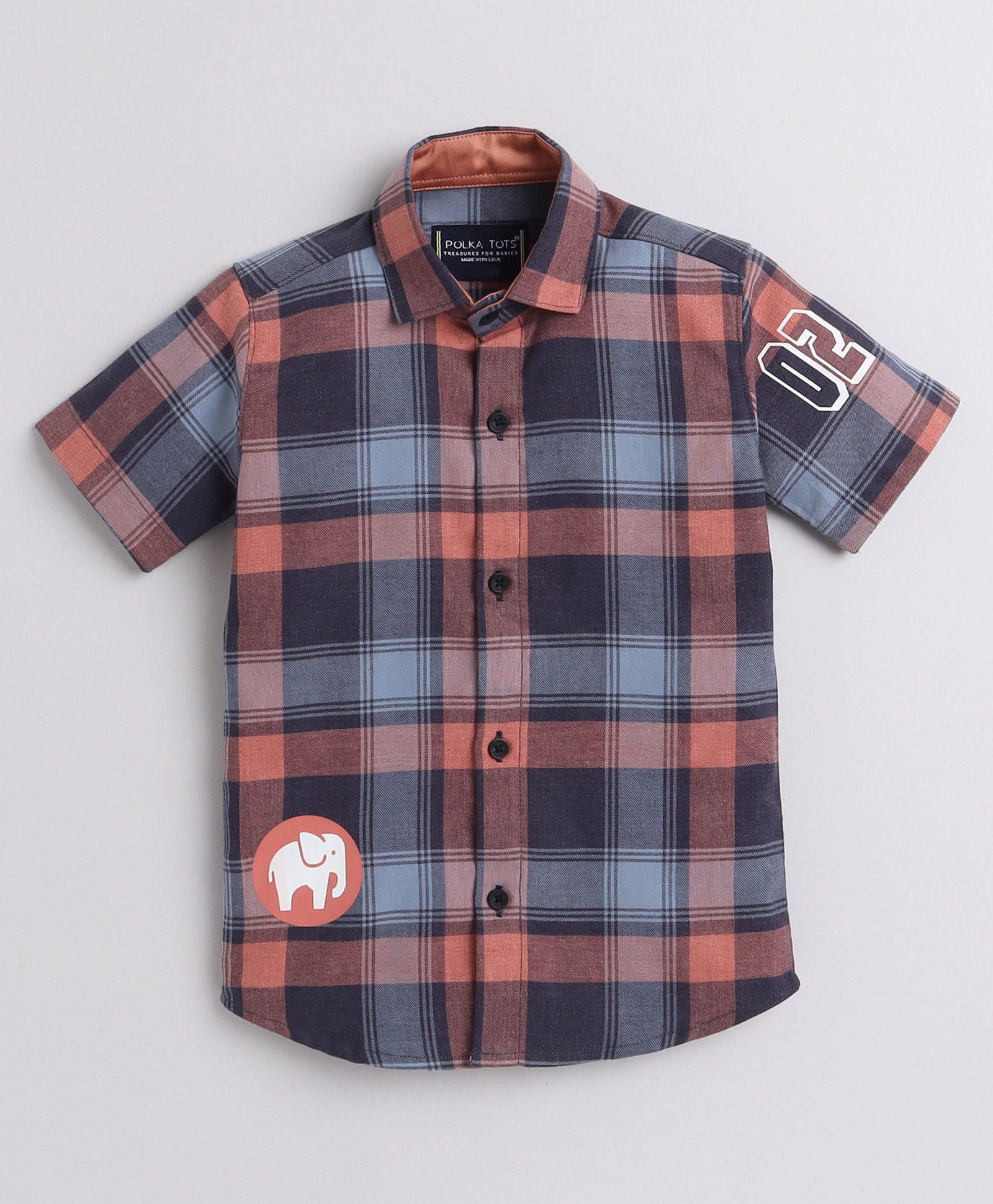 Polka Tots Half Sleeves Tartan Checked & Elephant Placement Printed Shirt  - Black & Grey-image-10