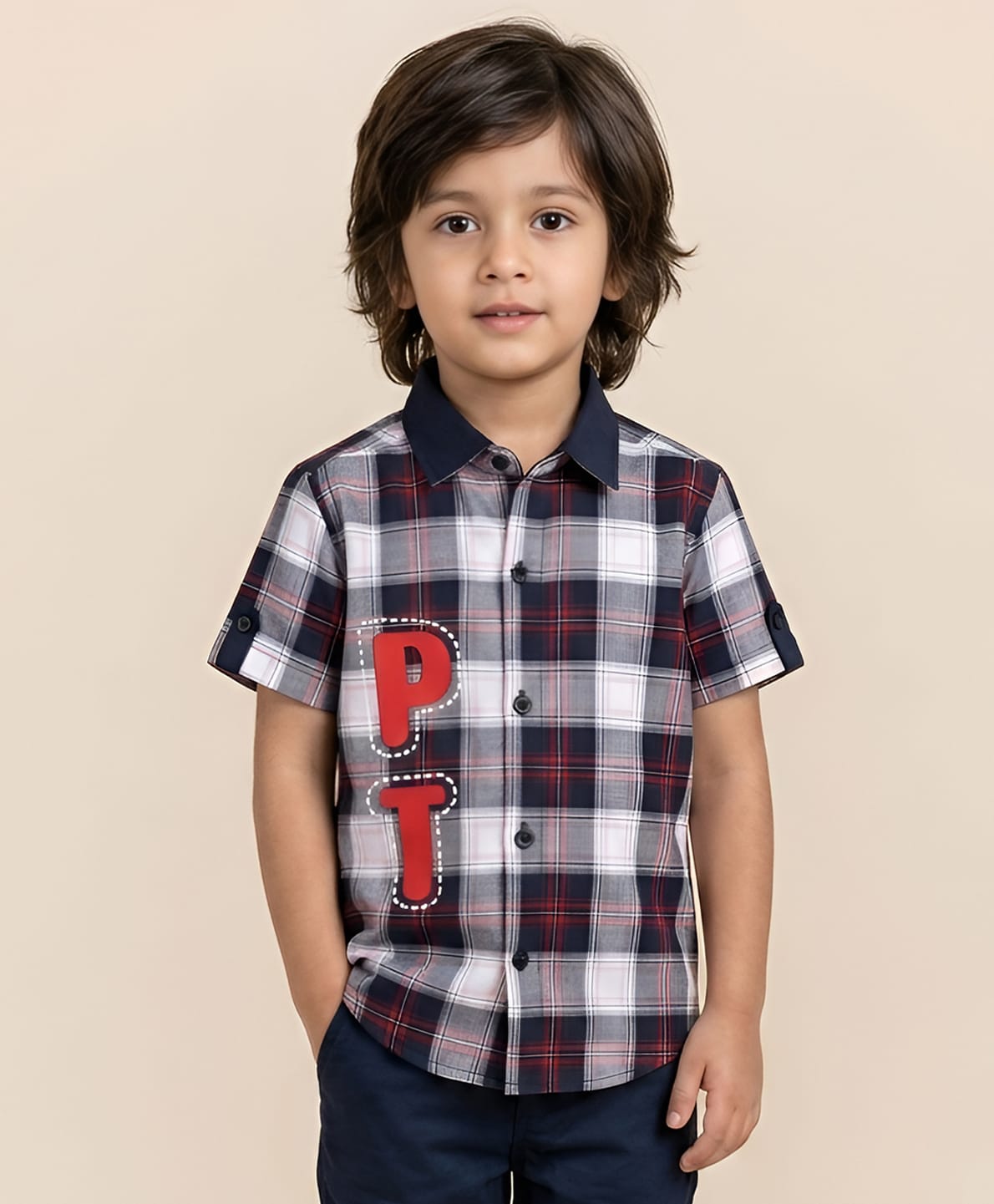 Polka Tots Half Sleeve Tartan Checked Shirt & P T Printed Shirt - Red &  Black-picture-28