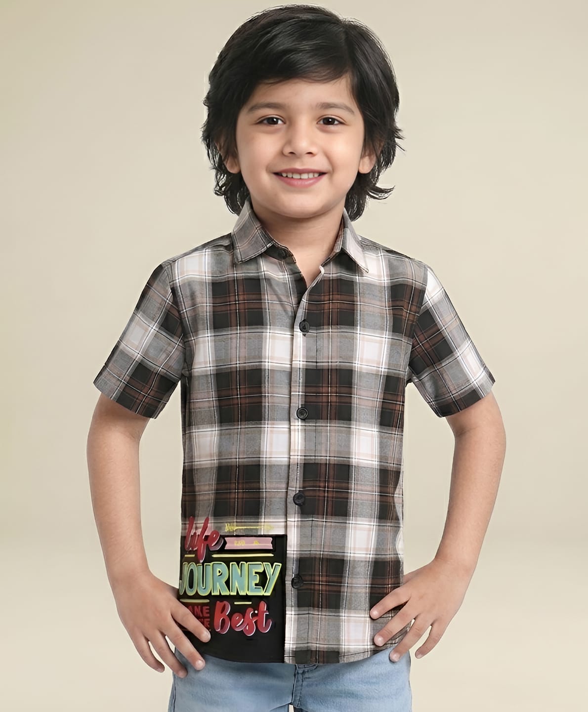 Polka Tots Half Sleeve Tartan Checked & Life Is Journey Printed Shirt - Blue & Black-picture-24