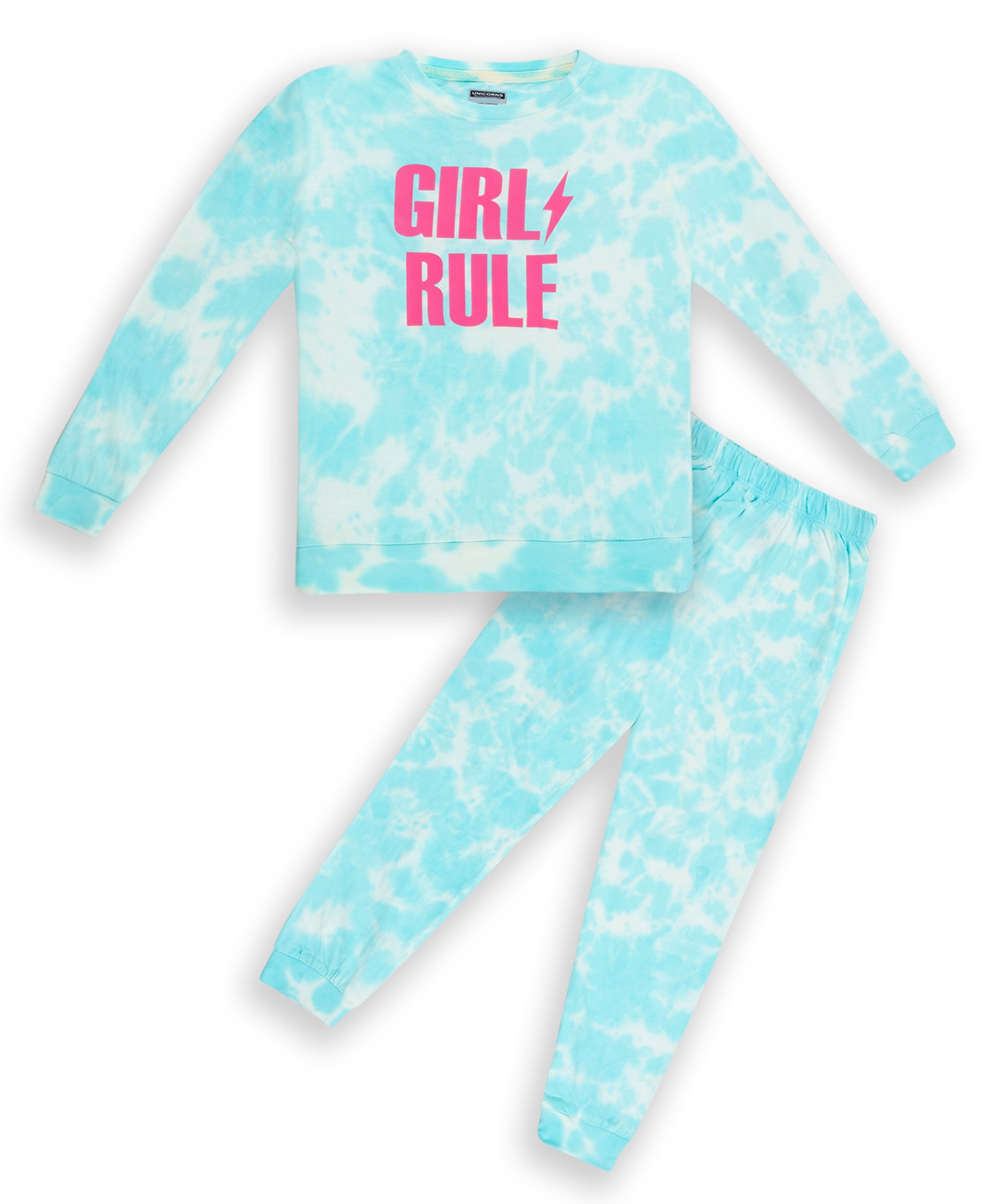 Unicorns Full Sleeves Pastel Crumple Tie & Dye With Thunder Sign Printed Coordinating Set - Blue-picture-21