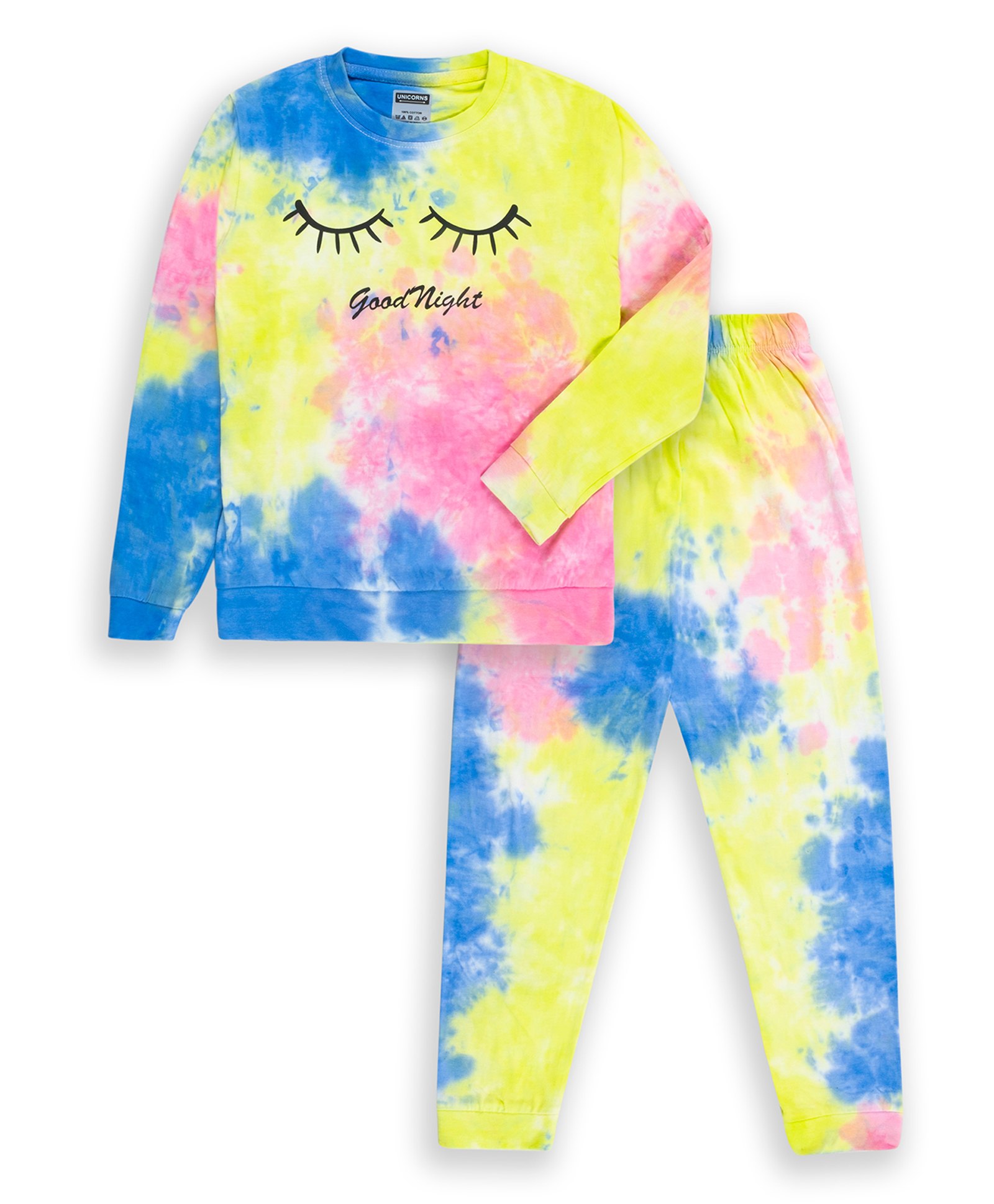 Unicorns Full Sleeves Pastel Crumple Tie & Dye With Good Night Eyes Printed Coordinating Set - Multi Colour-image-33