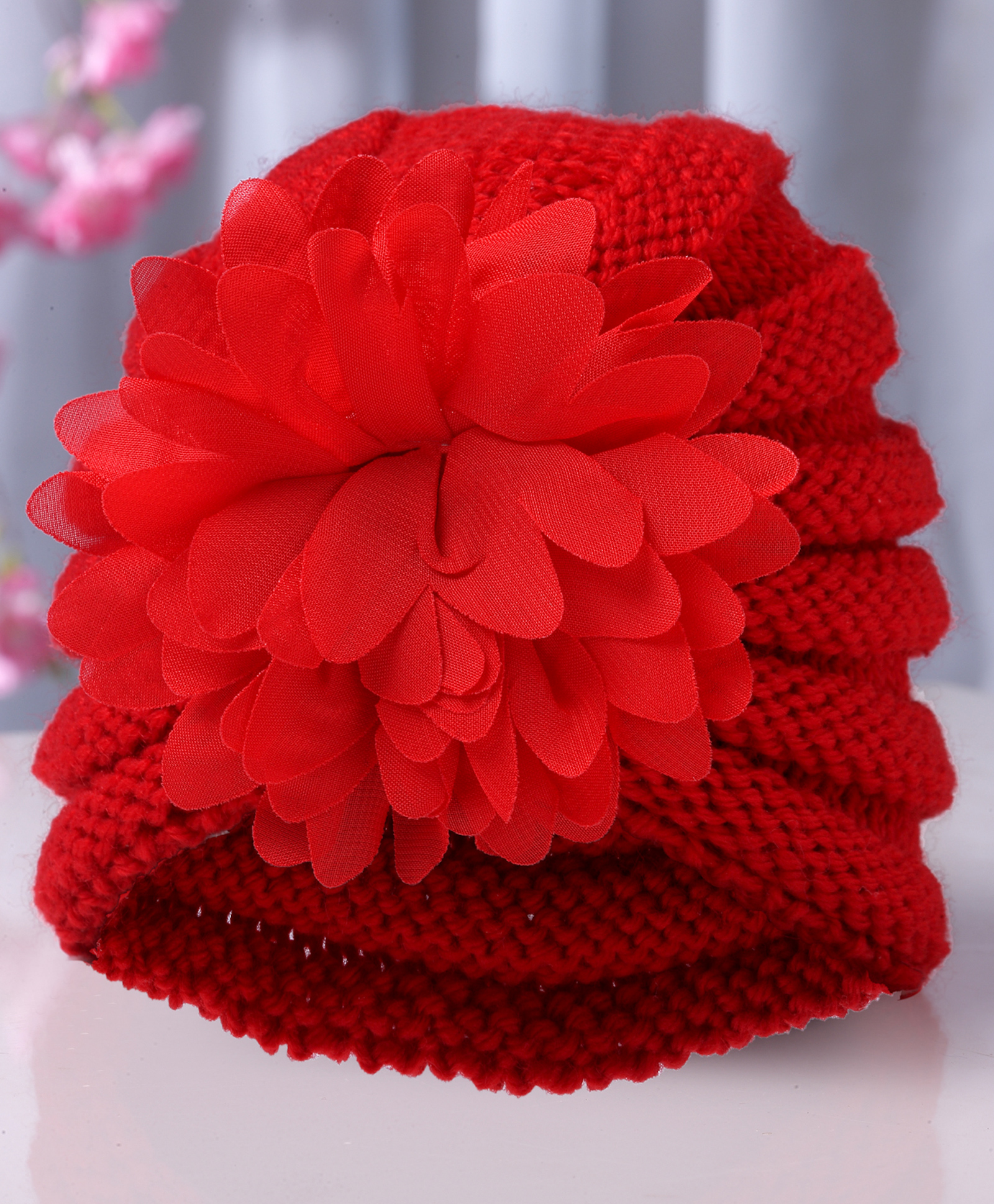 Babymoon Knitted Flower Design Cap -Red-image-26
