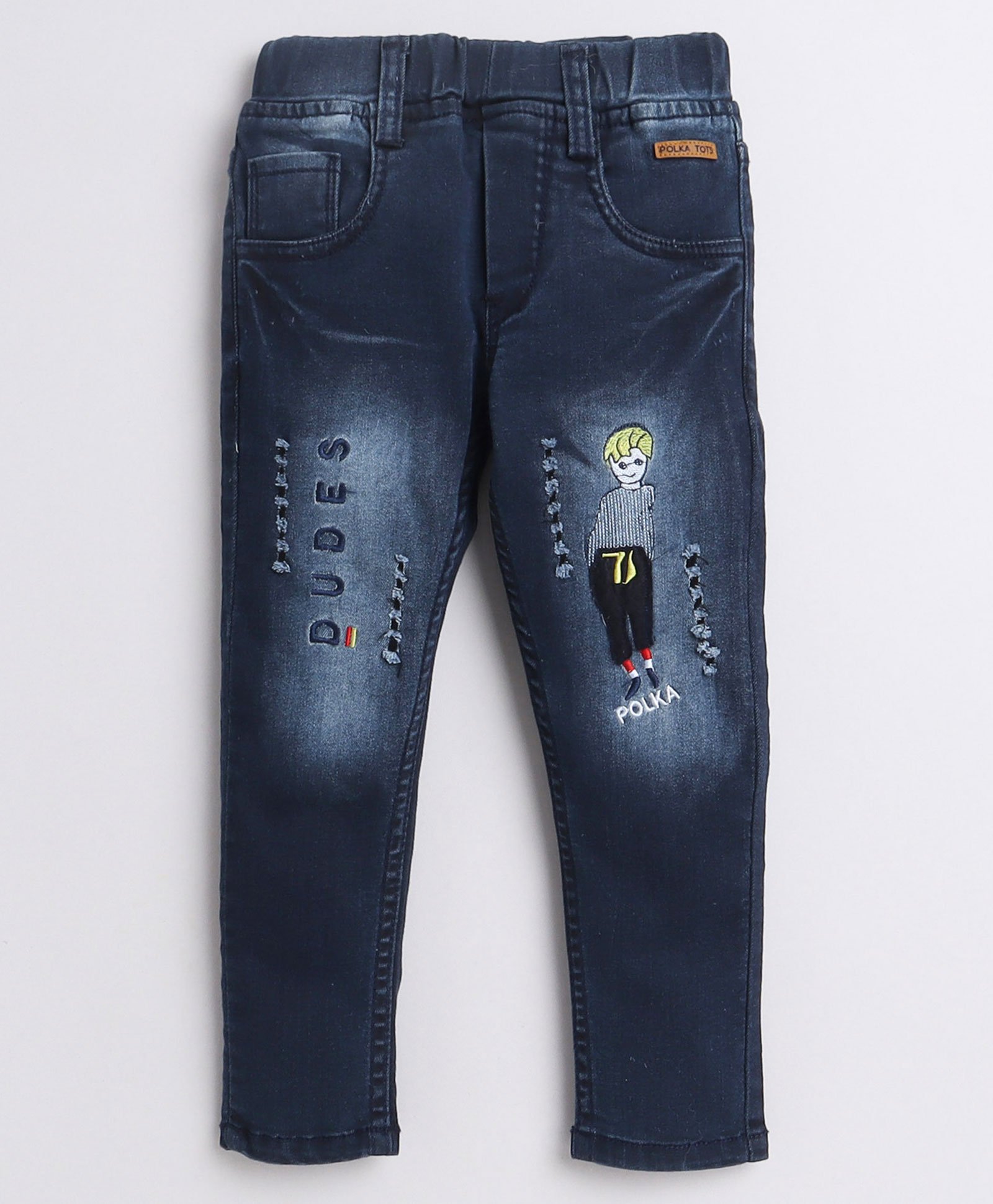 Polka Tots Dude Text Embroidered & Distressed Pant - Blue-image-2