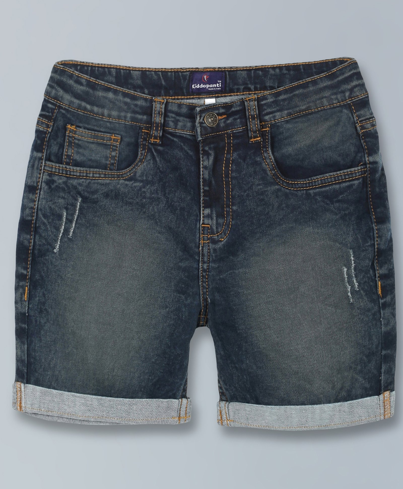 Kiddopanti Striped Self Design Denim Rolled Up Shorts - Dark Grey-picture-11
