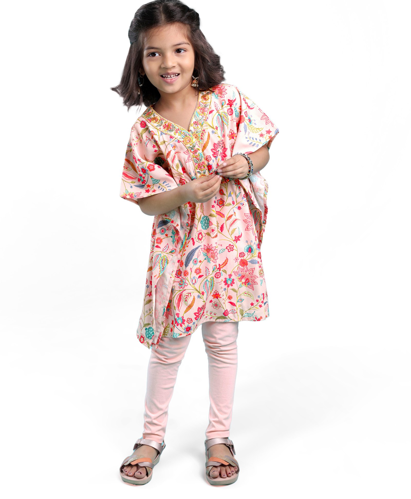 Babyhug Half Sleeves Kaftan Top With Leggings Floral Print- Peach-picture-14