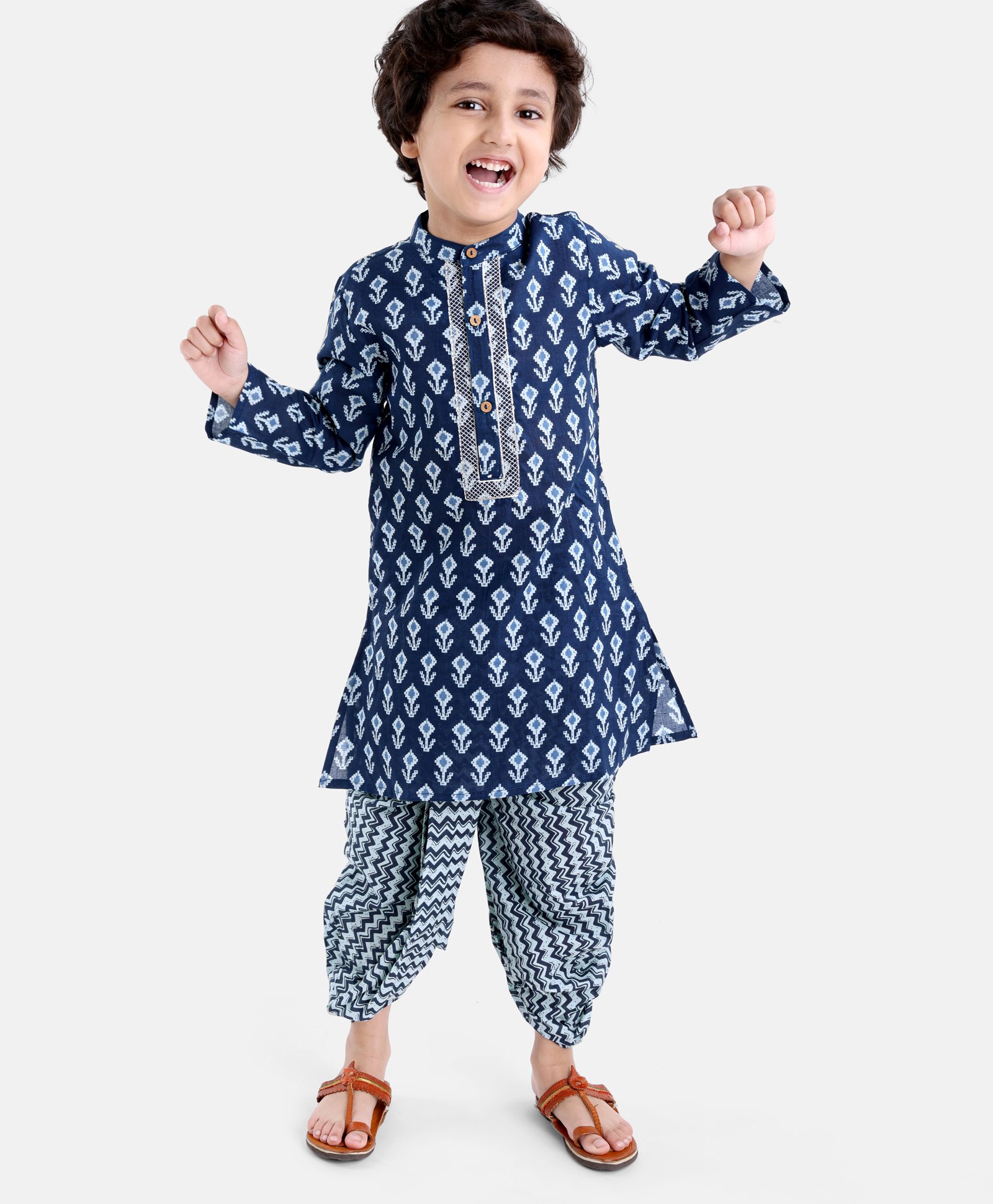 Babyhug 100% Cotton Full Sleeves Floral Printed Kurta & Dhoti Set- Indigo-picture-19