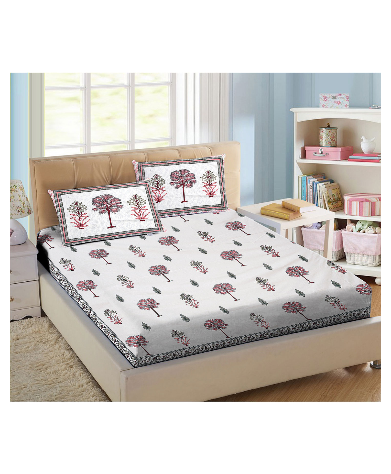 Kids Wonders Pure Cotton Bedsheet and Pillow Set King Size - Green & White-image-39