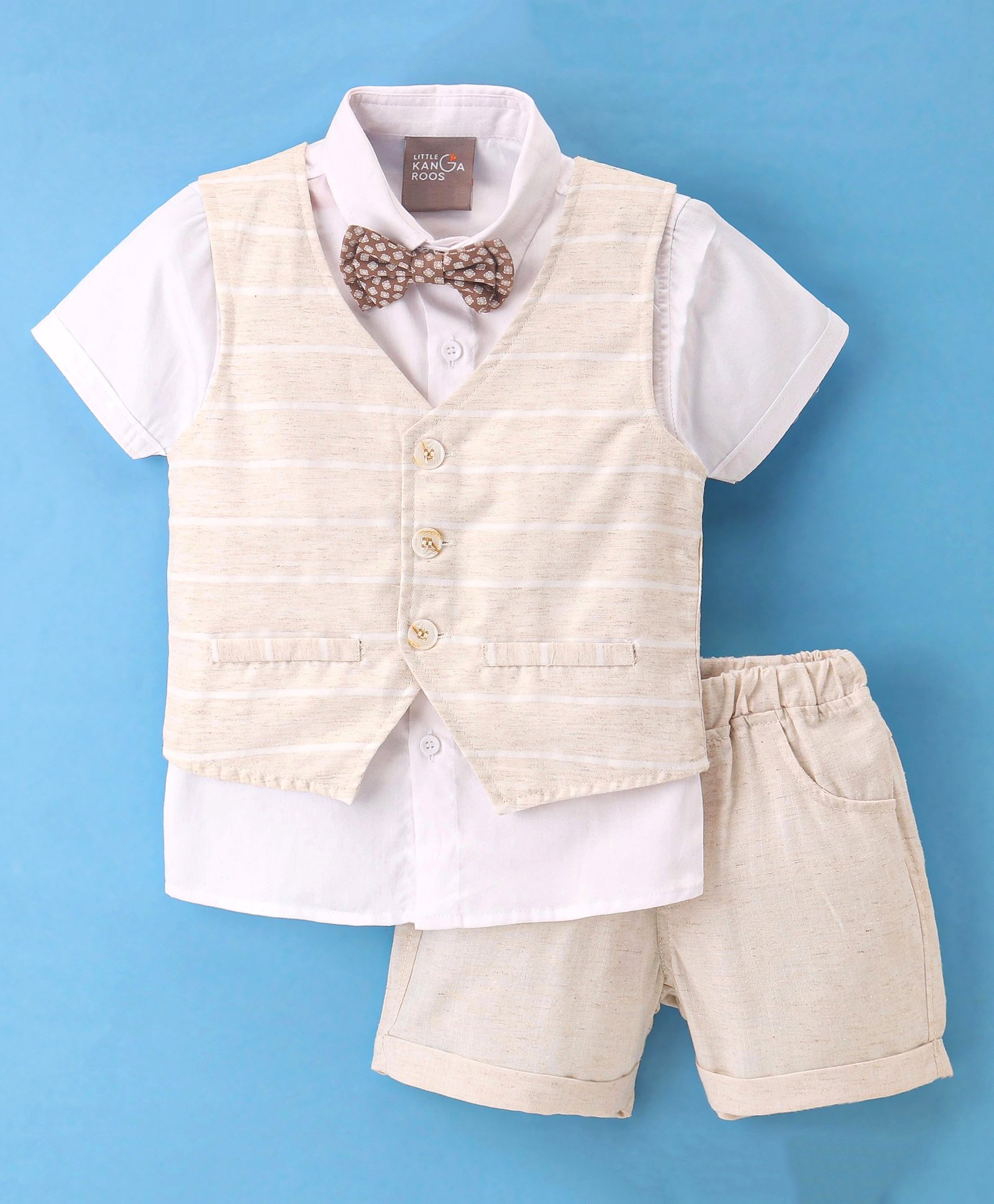 Little Kangaroos Half Sleeves Shirts & Shorts Set with Striped Waistcoat & Bow - Beige-picture-16
