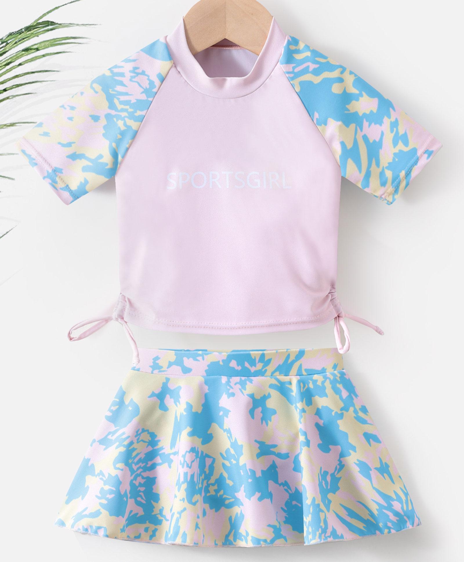 Kookie Kids Half Sleeve Two Piece Swimsuit Camo Print - Blue & Pink-image-36
