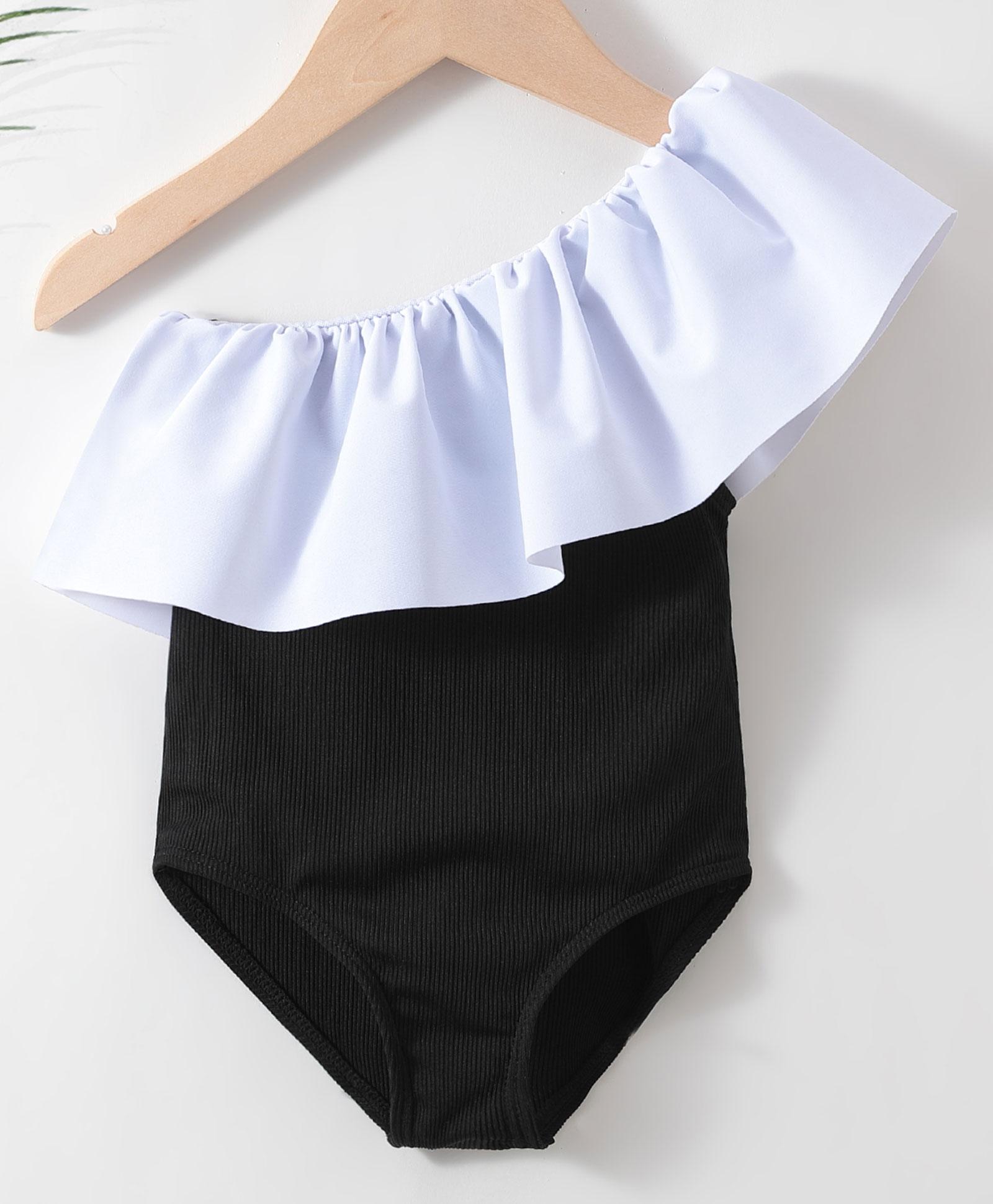 Kookie Kids Sleeveless V Cut Swimsuit Solid- Black & White-image-19