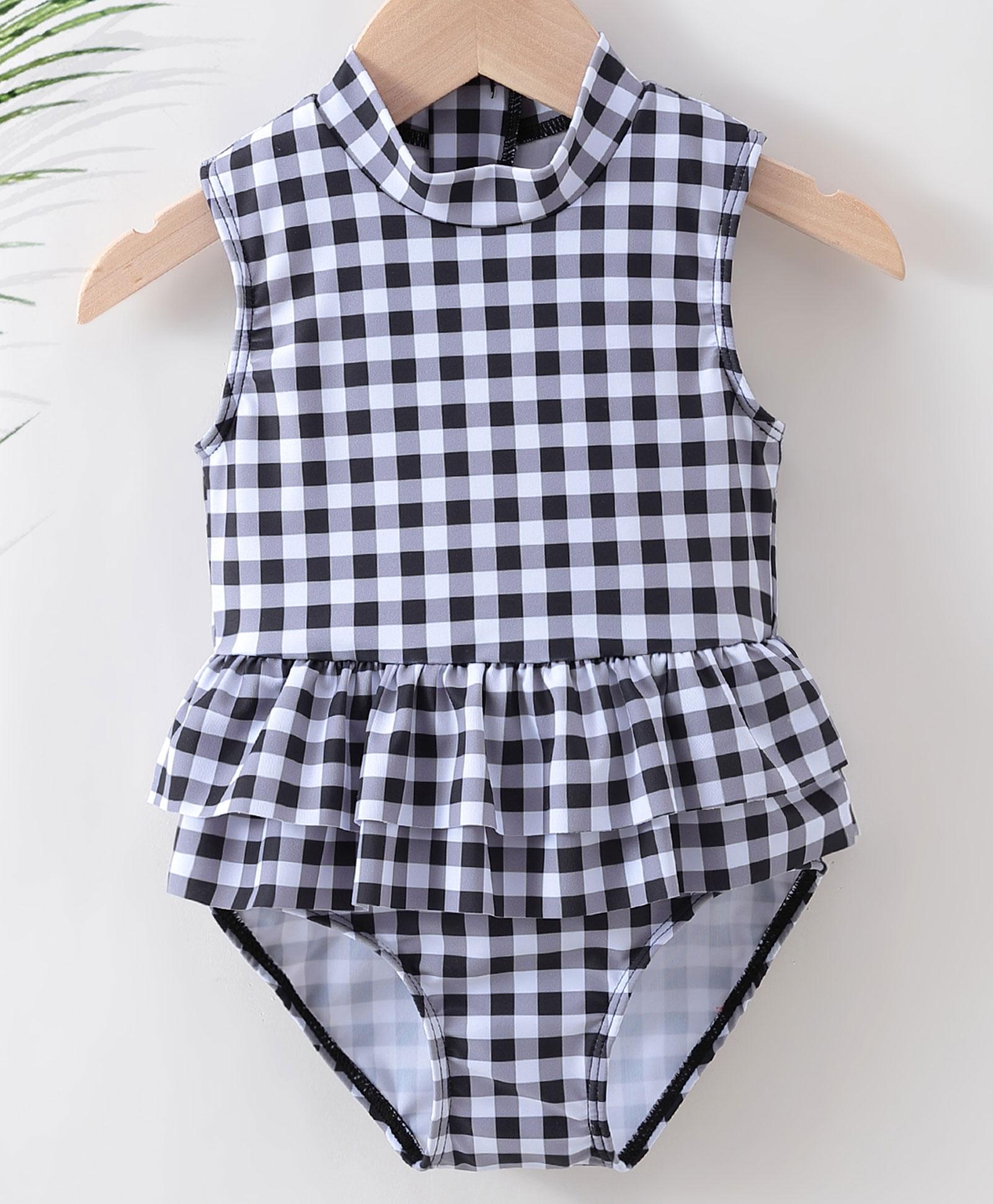 Kookie Kids Sleeveless V Cut Swimsuit Checked - Black-image-8