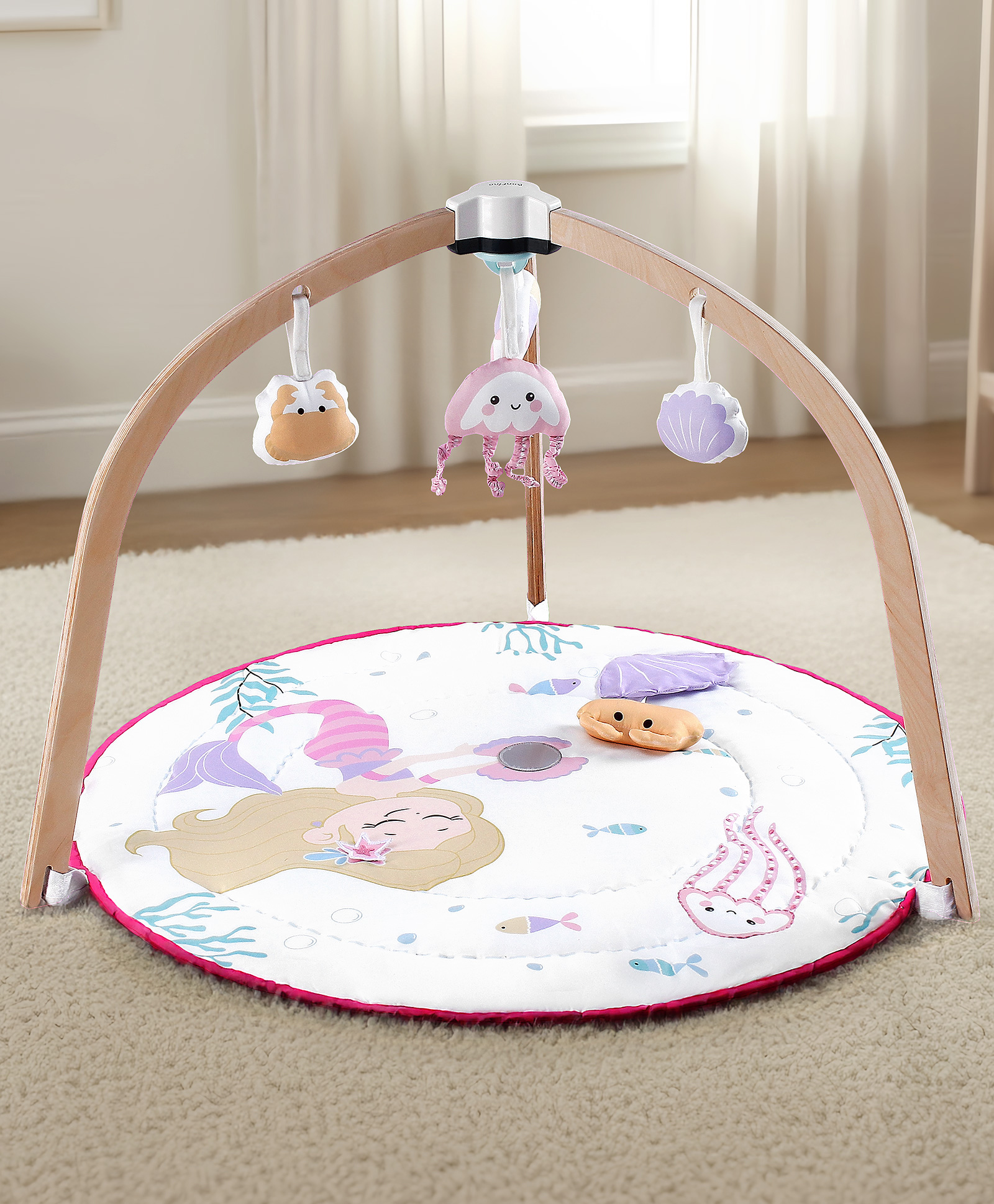 Bonfino 2 in 1 Wooden Baby PlayGym with Soft Cotton Mat & Hanging Toys for Newborns | Tummy Time Baby Activity Playmat | Developmental Sensory Toy | Machine Washable & Easy to Assemble-picture-10