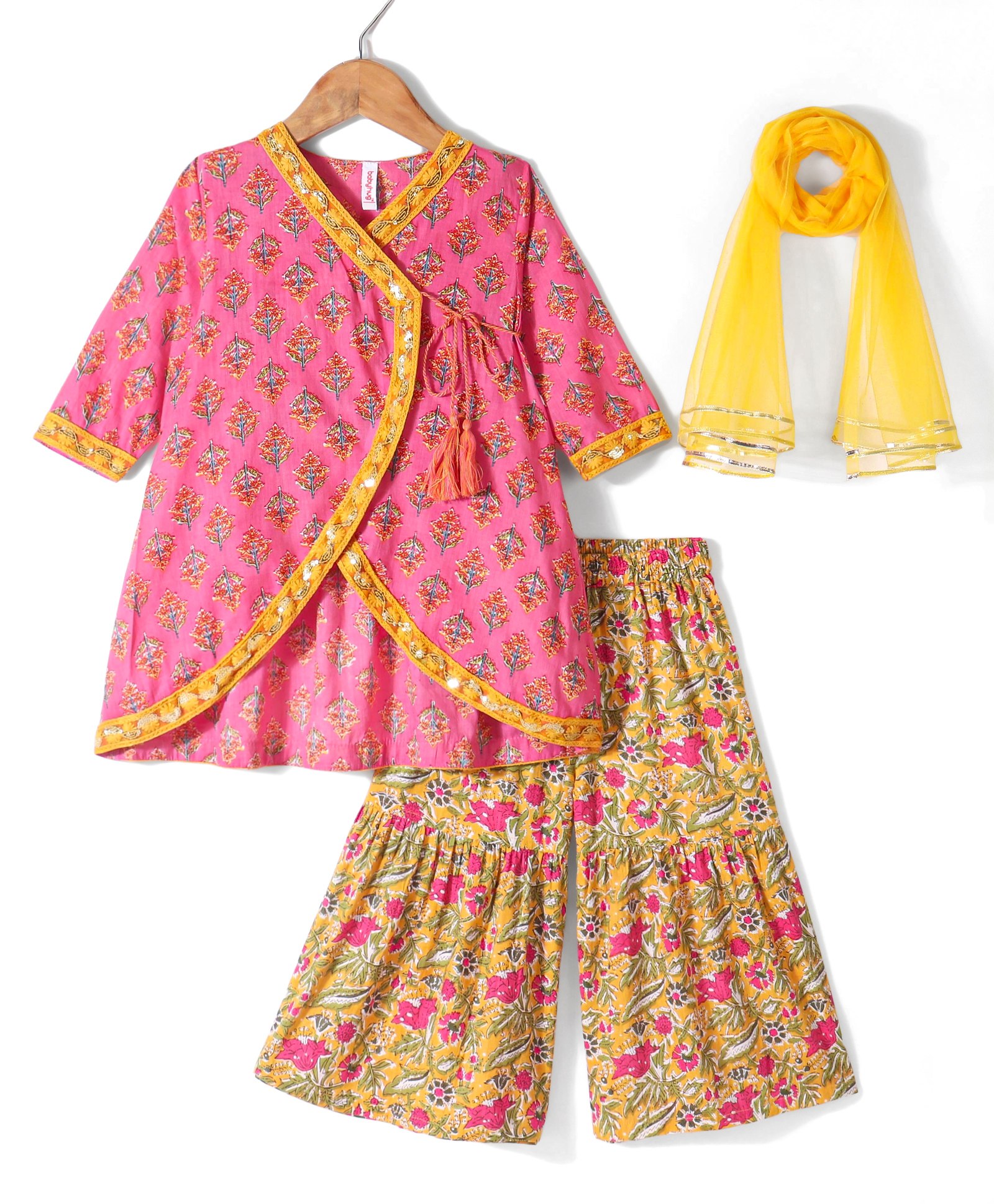 Babyhug 100% Cambric Three Fourth Sleeve Printed Angarakha Kurti With Sharara And Net Dupatta Set- Pink & Mustard-image-44