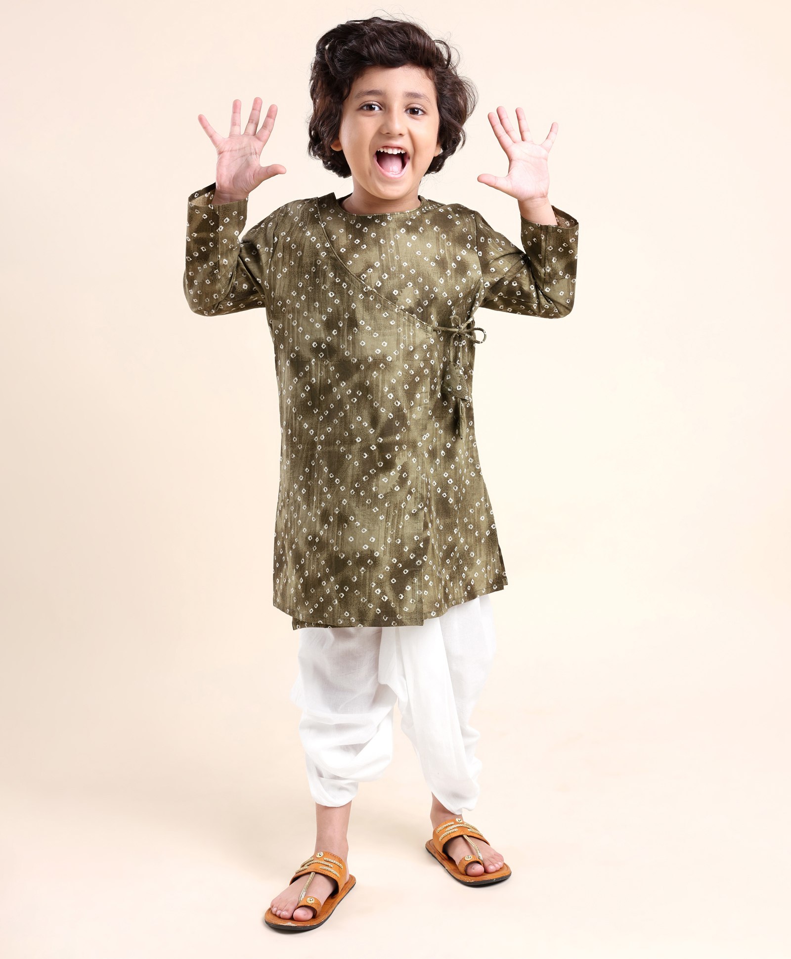 Babyhug Rayon Full Sleeves Kurta With Dhoti Rayon Slub Bandhani Print - Green-image-1