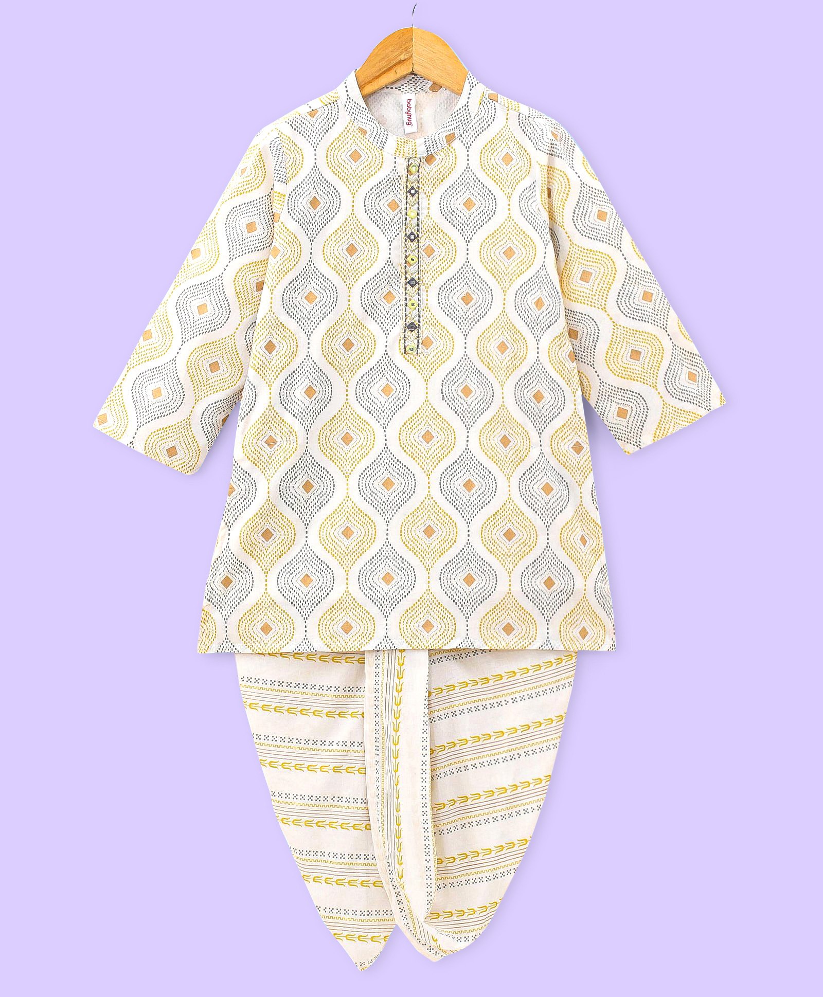 Babyhug 100% Cambric Full Sleeves Kurta With Dhoti Argyle Print - Beige-picture-26